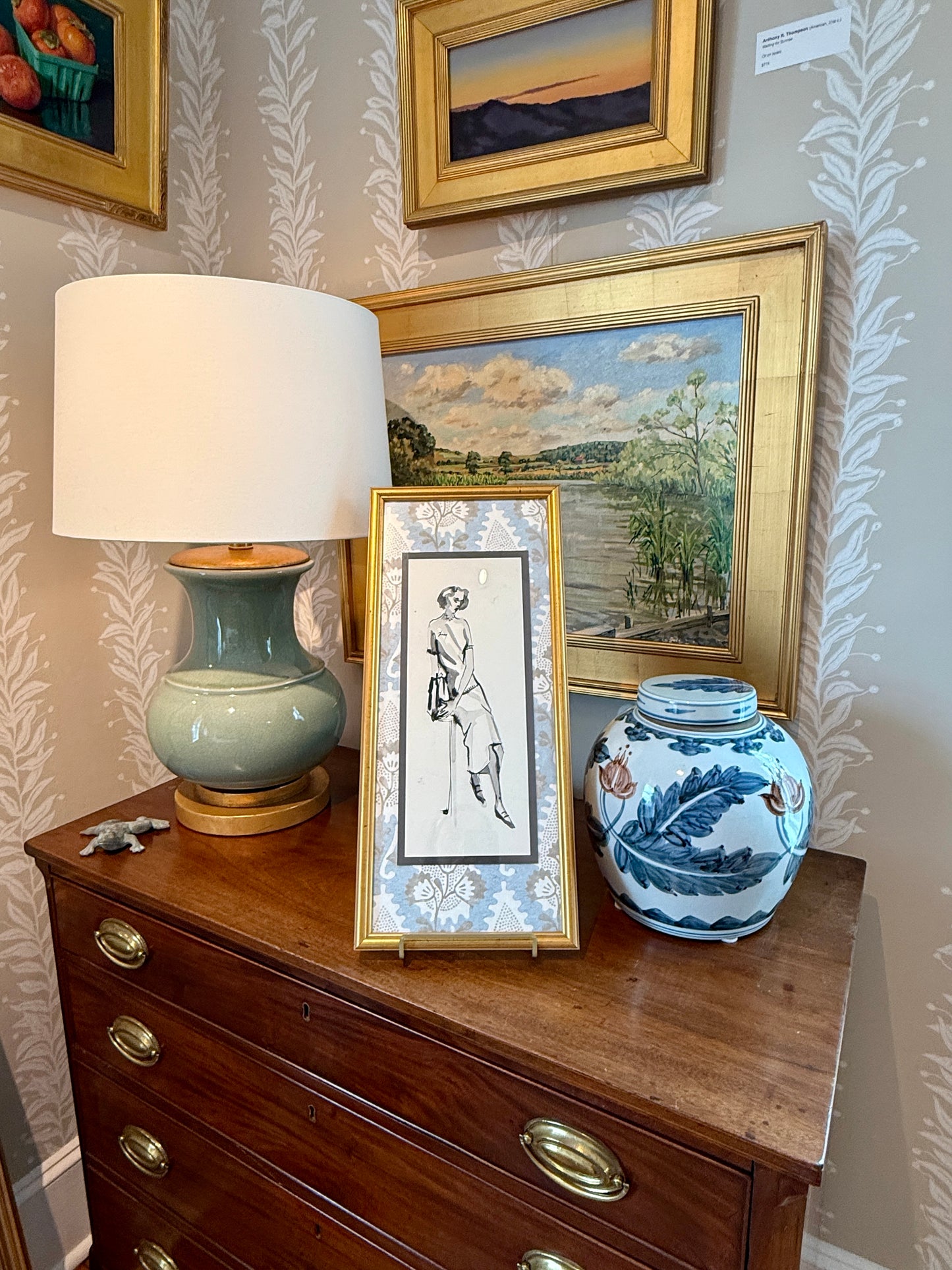 Catherine Figart Vogue Watercolor Fashion Illustration on Anna French Fabric in Gold Frame