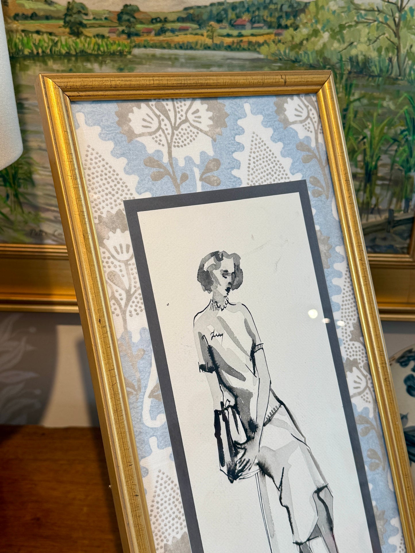 Catherine Figart Vogue Watercolor Fashion Illustration on Anna French Fabric in Gold Frame