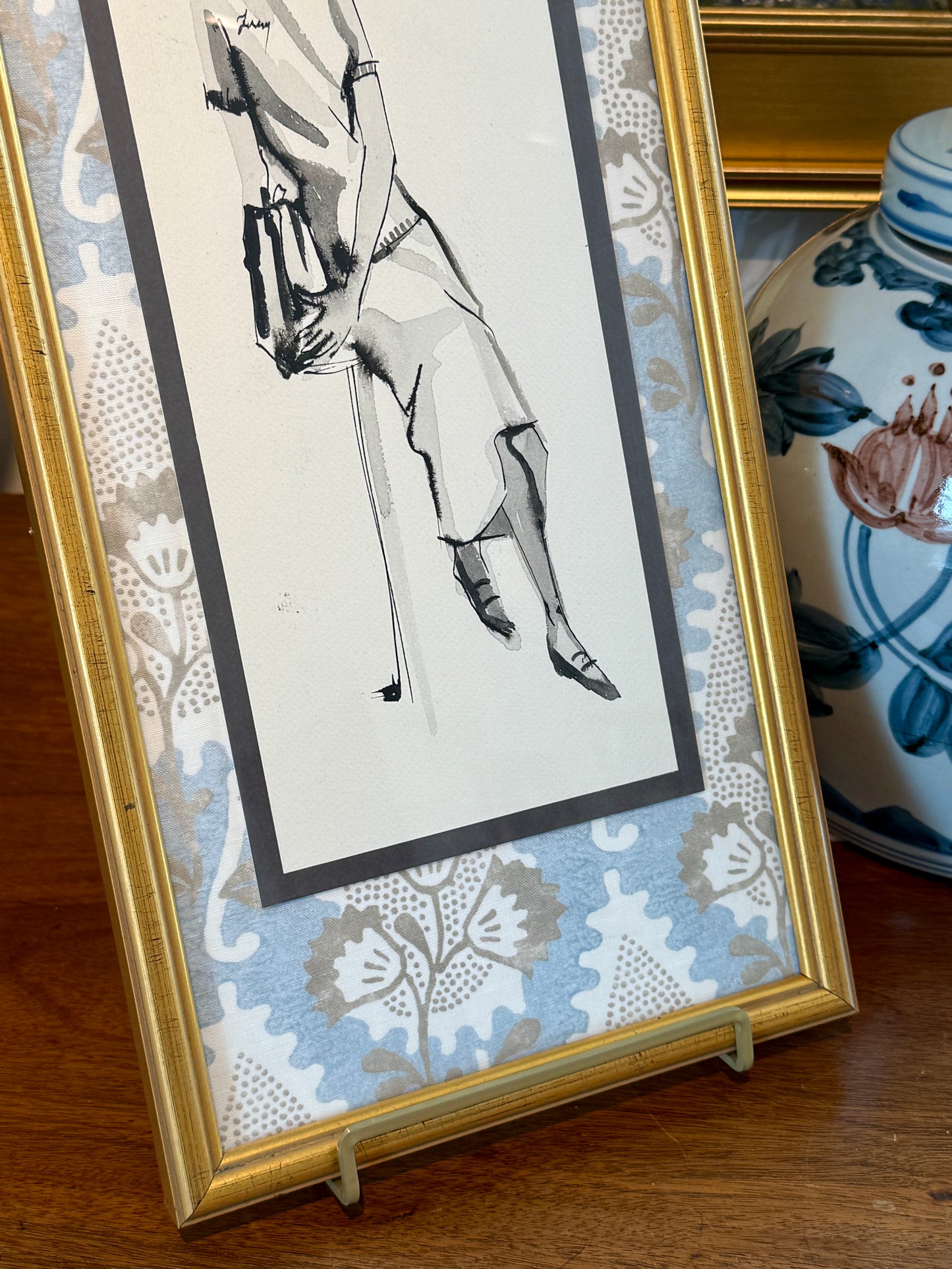 Catherine Figart Vogue Watercolor Fashion Illustration on Anna French Fabric in Gold Frame