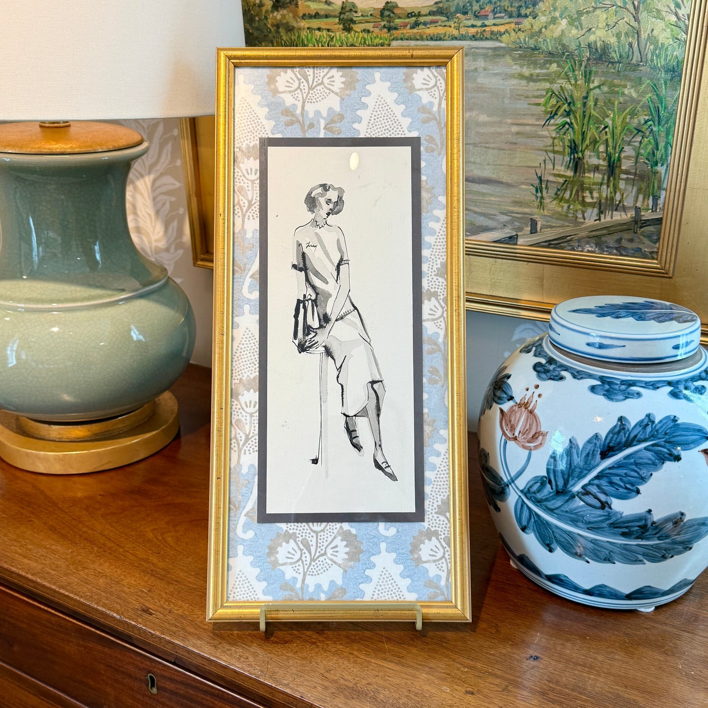 Catherine Figart Vogue Watercolor Fashion Illustration on Anna French Fabric in Gold Frame