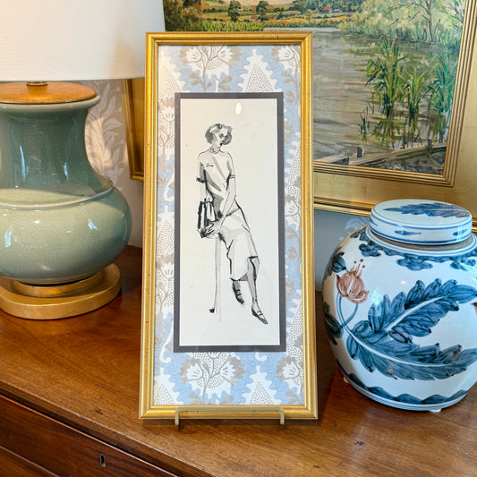 Catherine Figart Vogue Watercolor Fashion Illustration on Anna French Fabric in Gold Frame
