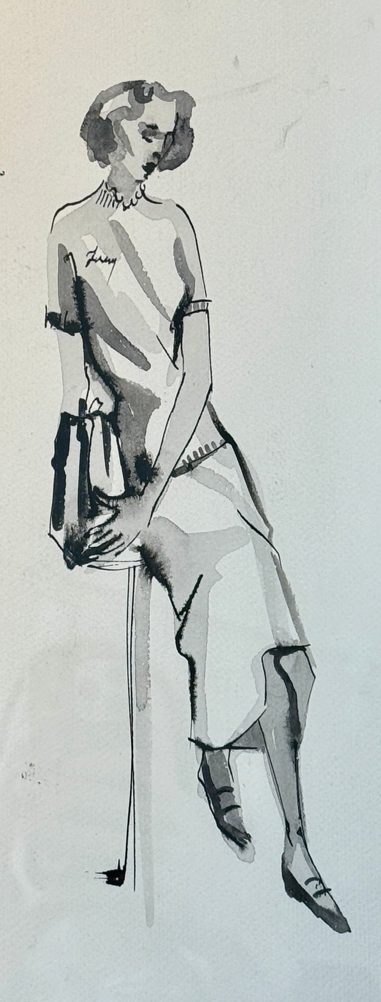 Catherine Figart Vogue Watercolor Fashion Illustration on Anna French Fabric in Gold Frame