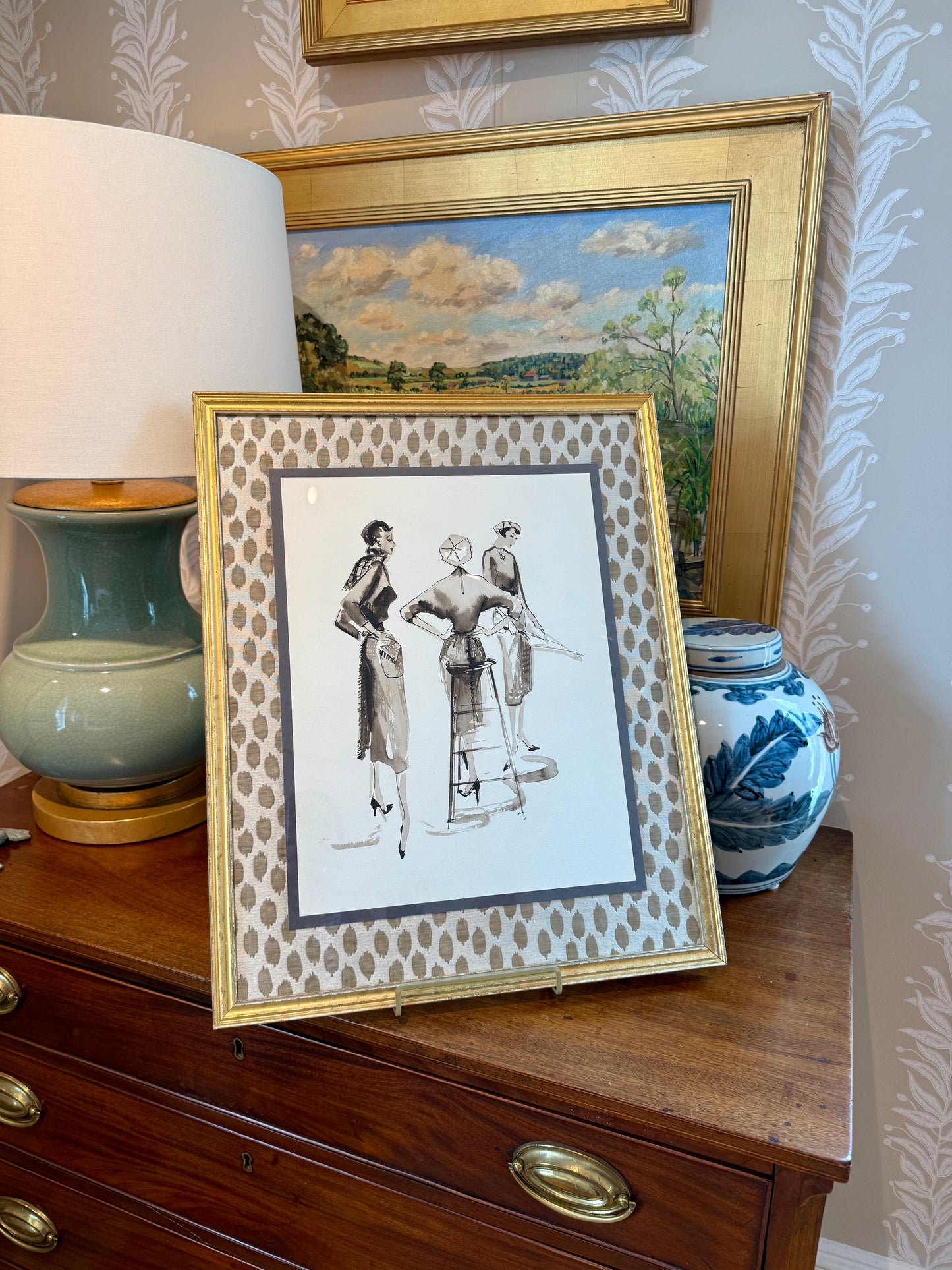 Catherine Figart Vogue Watercolor Fashion Illustration on Scalamandre Dot Weave Fabric in Gold Frame