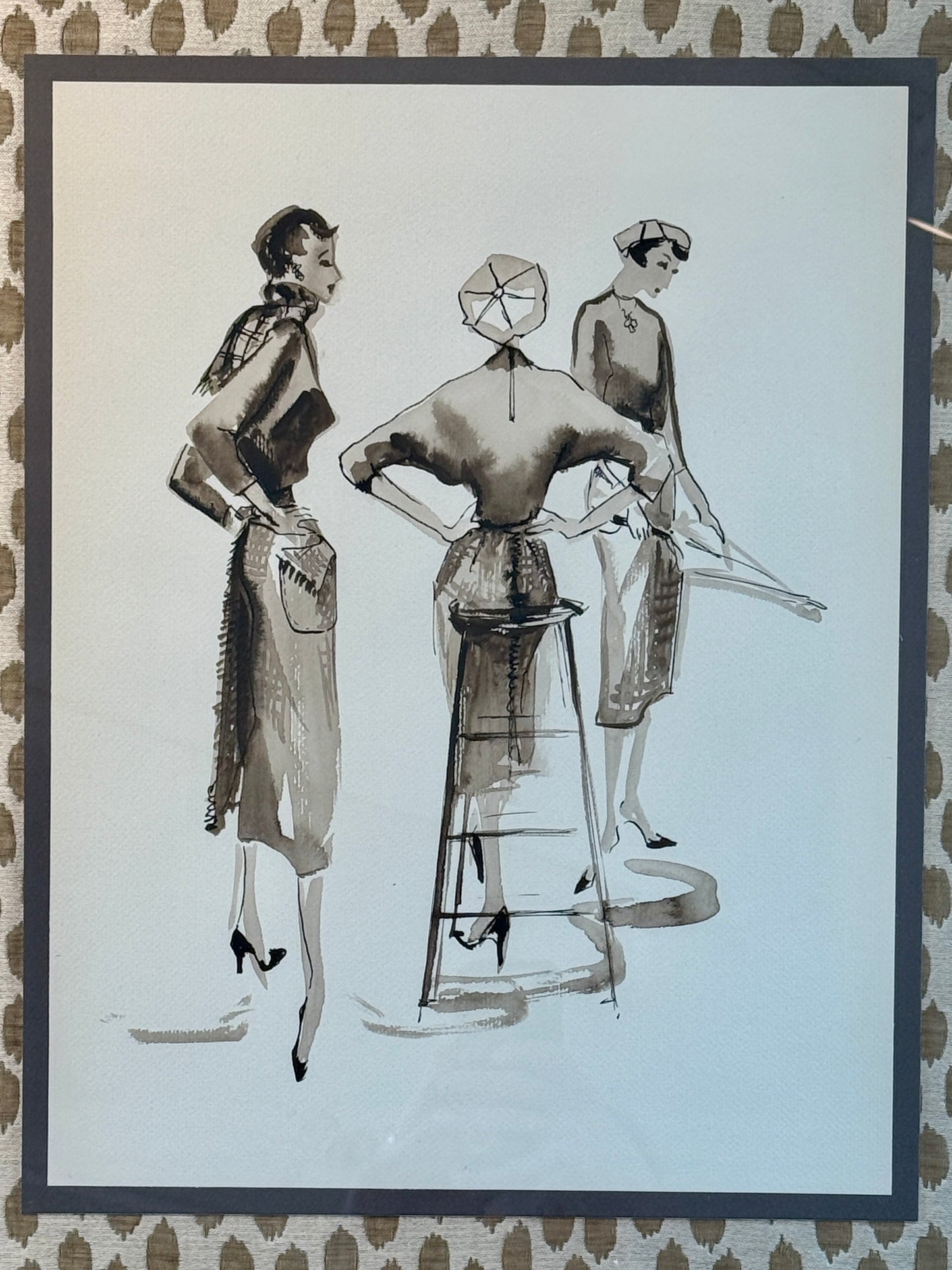 Catherine Figart Vogue Watercolor Fashion Illustration on Scalamandre Dot Weave Fabric in Gold Frame
