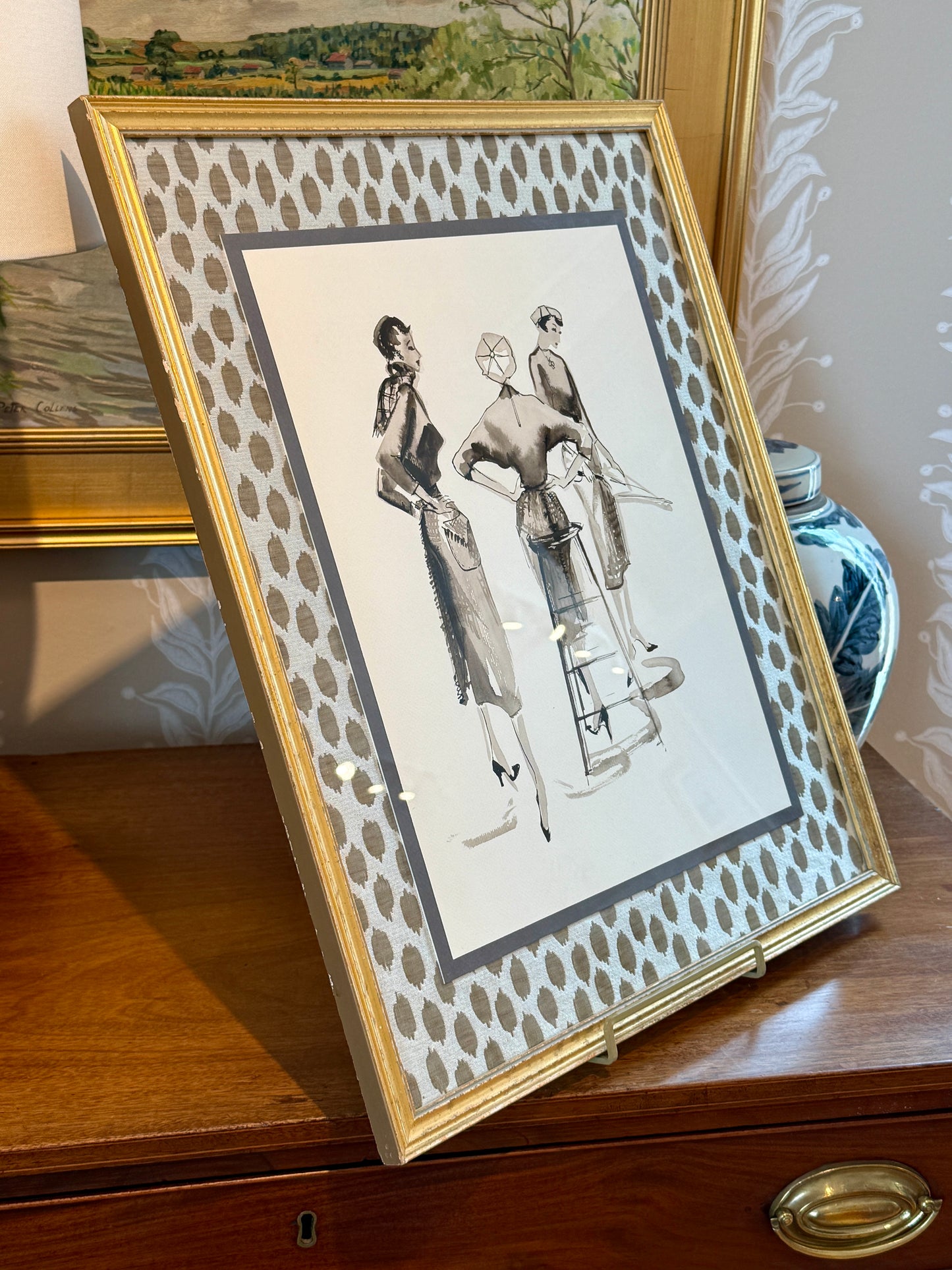 Catherine Figart Vogue Watercolor Fashion Illustration on Scalamandre Dot Weave Fabric in Gold Frame