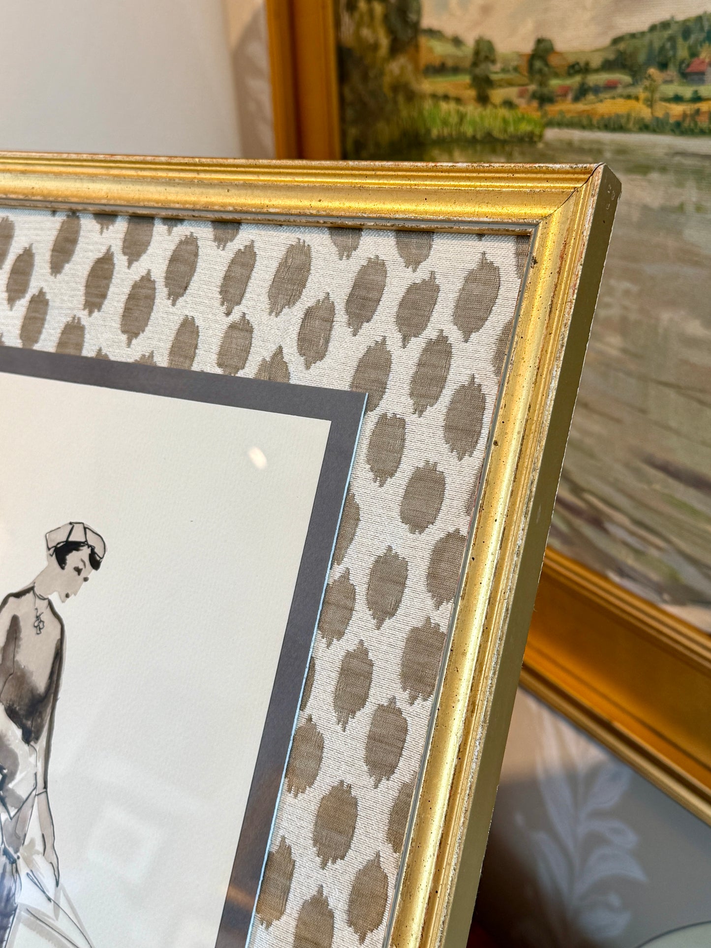 Catherine Figart Vogue Watercolor Fashion Illustration on Scalamandre Dot Weave Fabric in Gold Frame