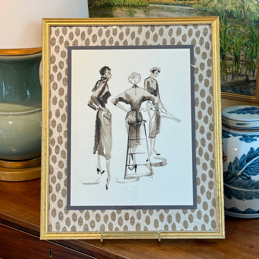 Catherine Figart Vogue Watercolor Fashion Illustration on Scalamandre Dot Weave Fabric in Gold Frame