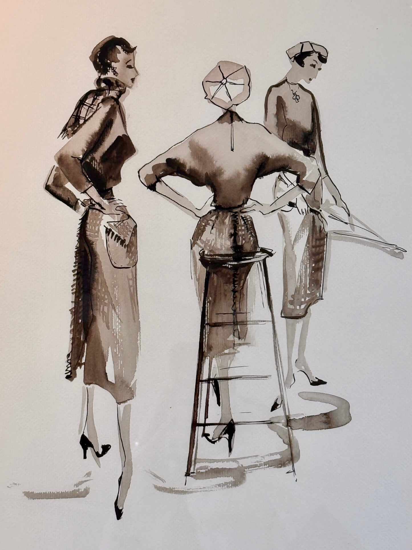 Catherine Figart Vogue Watercolor Fashion Illustration on Scalamandre Dot Weave Fabric in Gold Frame
