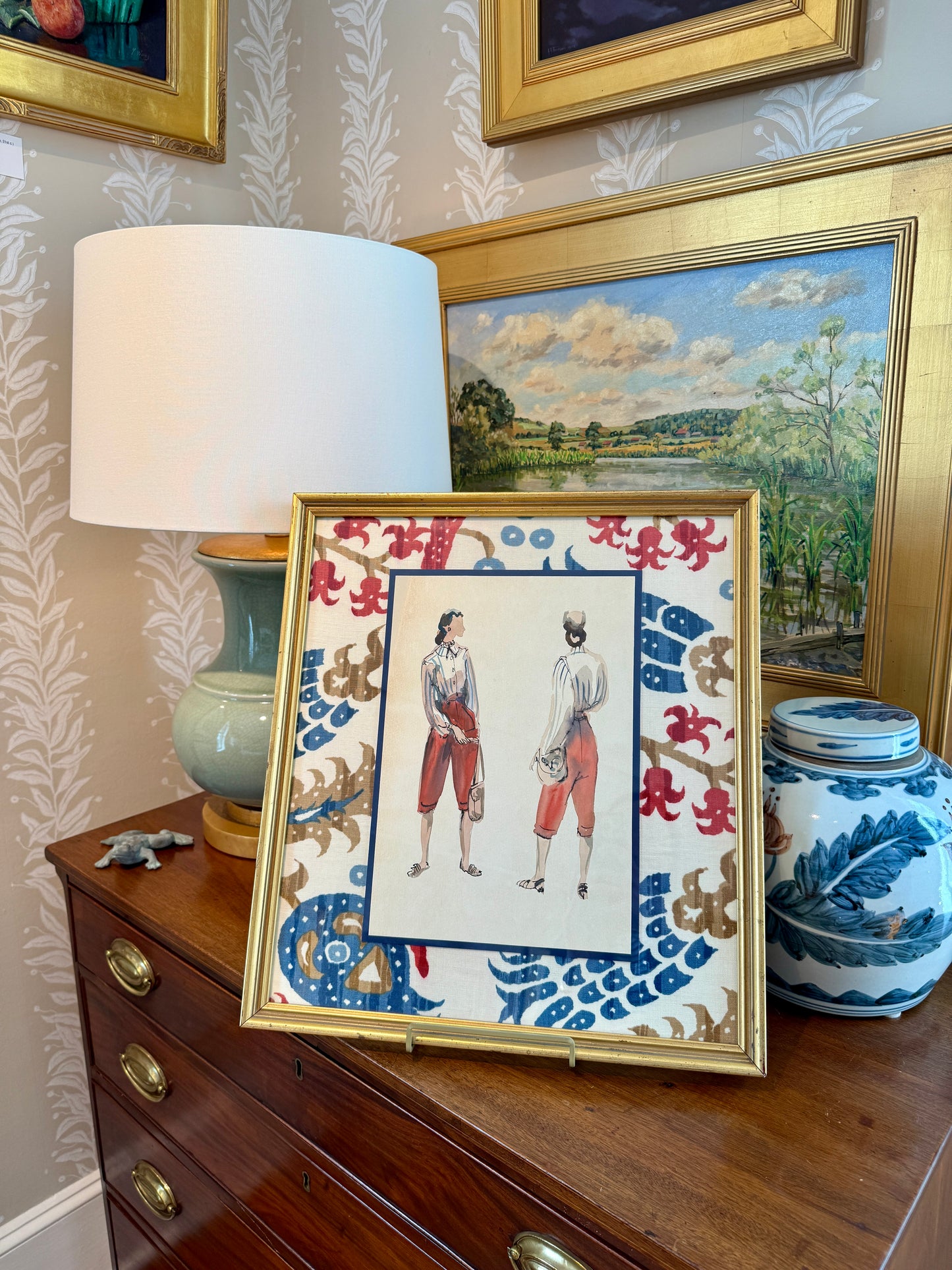Catherine Figart Vogue Watercolor Fashion Illustration on Brunschswig and Fils Pomegranate Fabric in Gold Frame