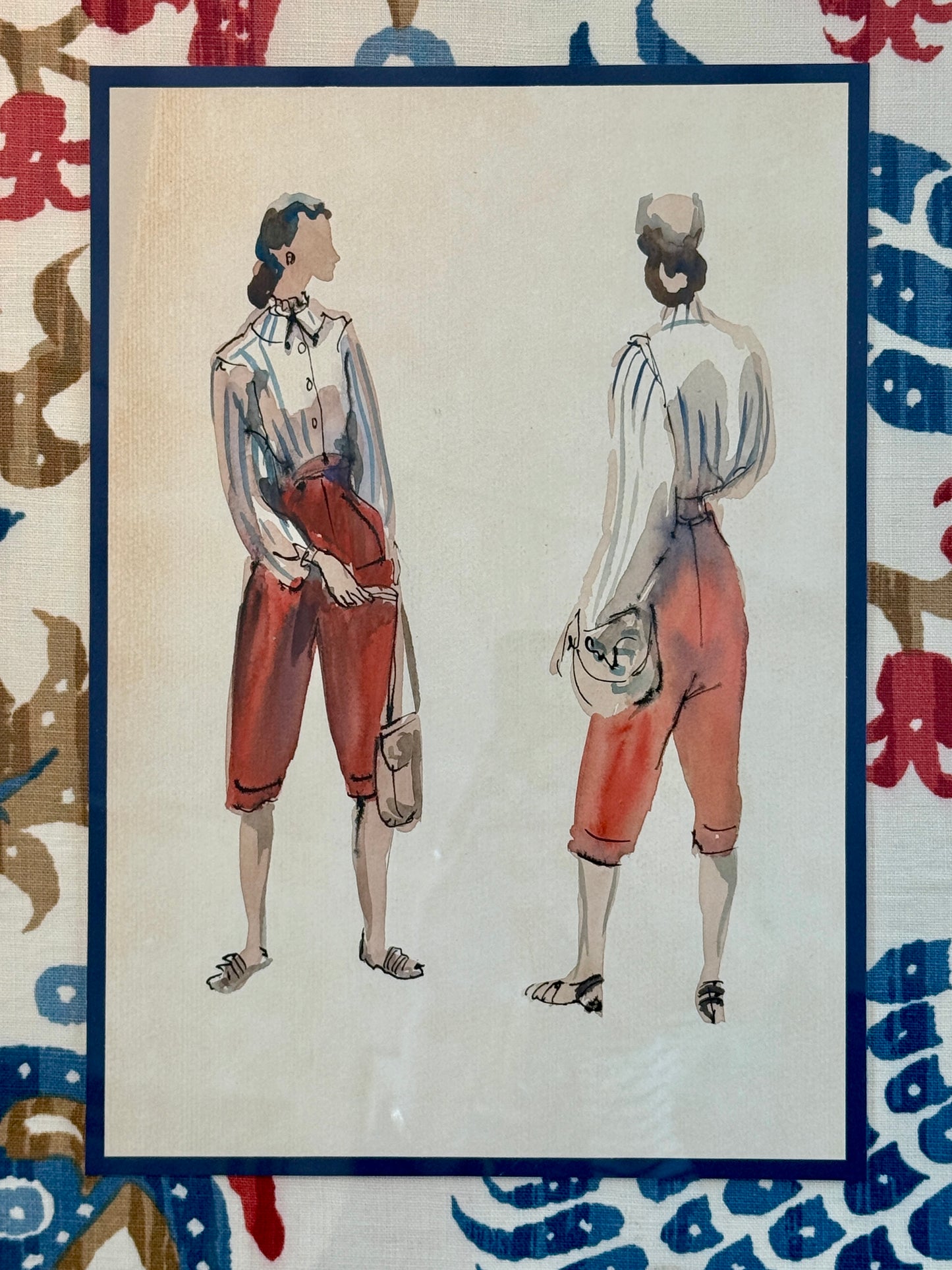 Catherine Figart Vogue Watercolor Fashion Illustration on Brunschswig and Fils Pomegranate Fabric in Gold Frame