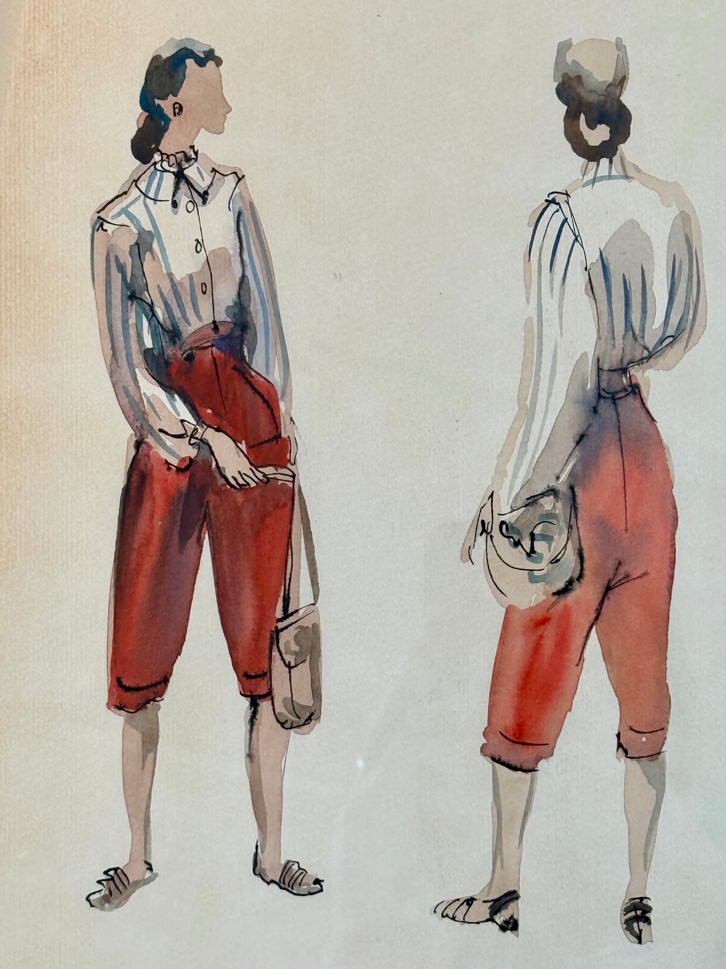 Catherine Figart Vogue Watercolor Fashion Illustration on Brunschswig and Fils Pomegranate Fabric in Gold Frame