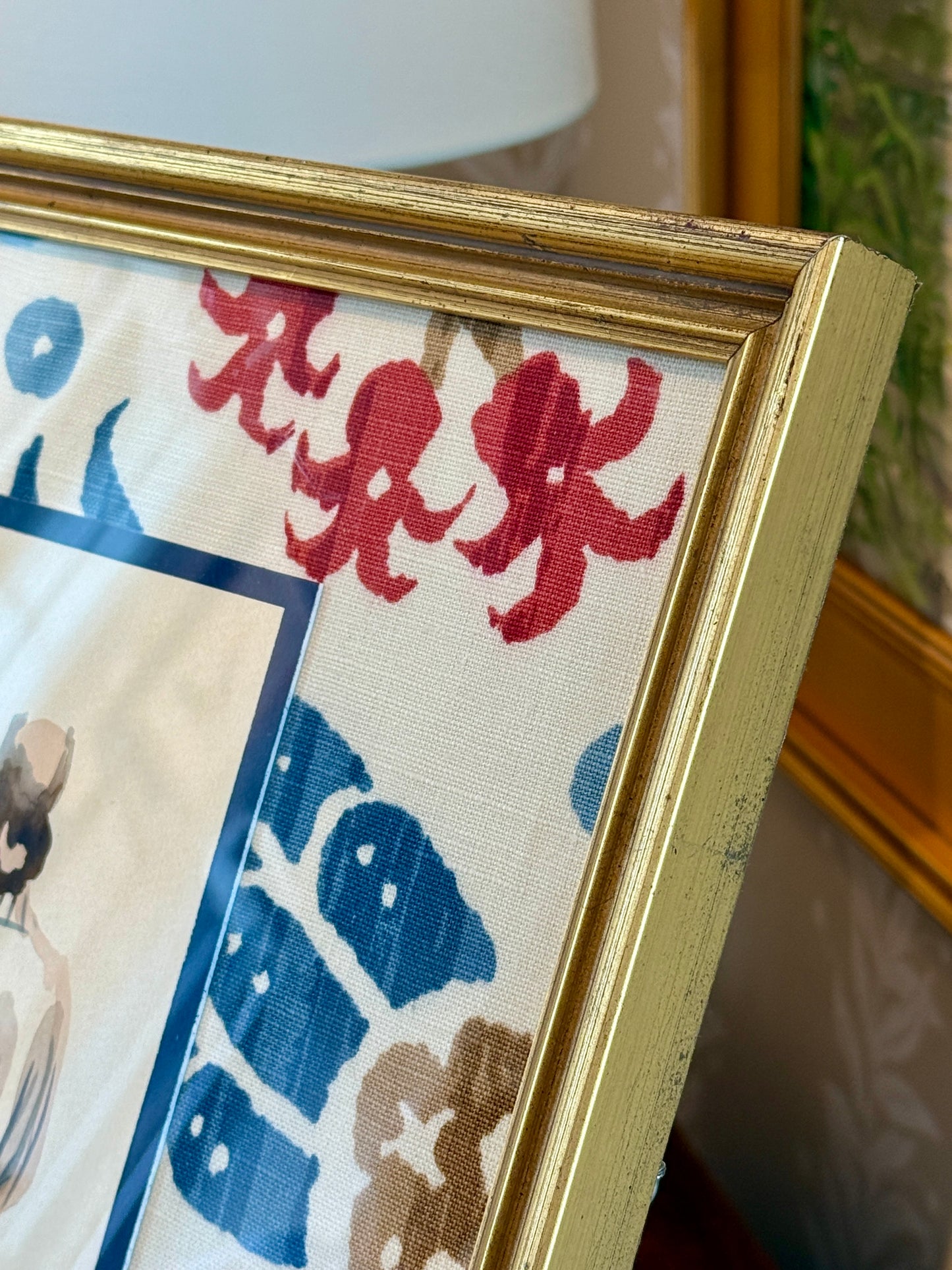 Catherine Figart Vogue Watercolor Fashion Illustration on Brunschswig and Fils Pomegranate Fabric in Gold Frame