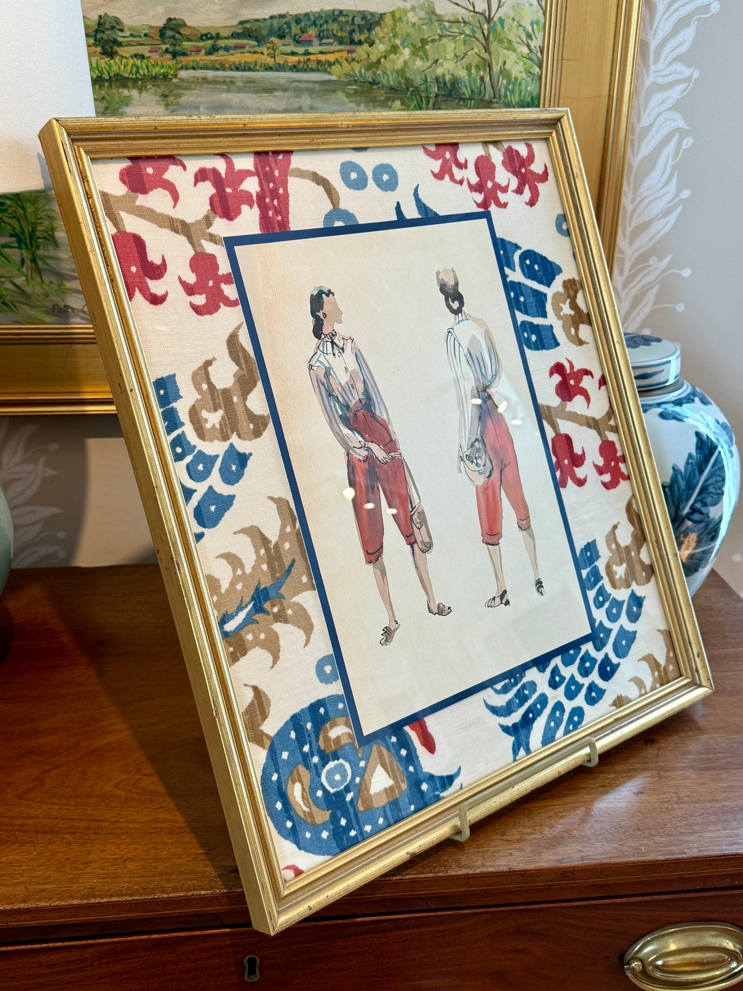 Catherine Figart Vogue Watercolor Fashion Illustration on Brunschswig and Fils Pomegranate Fabric in Gold Frame