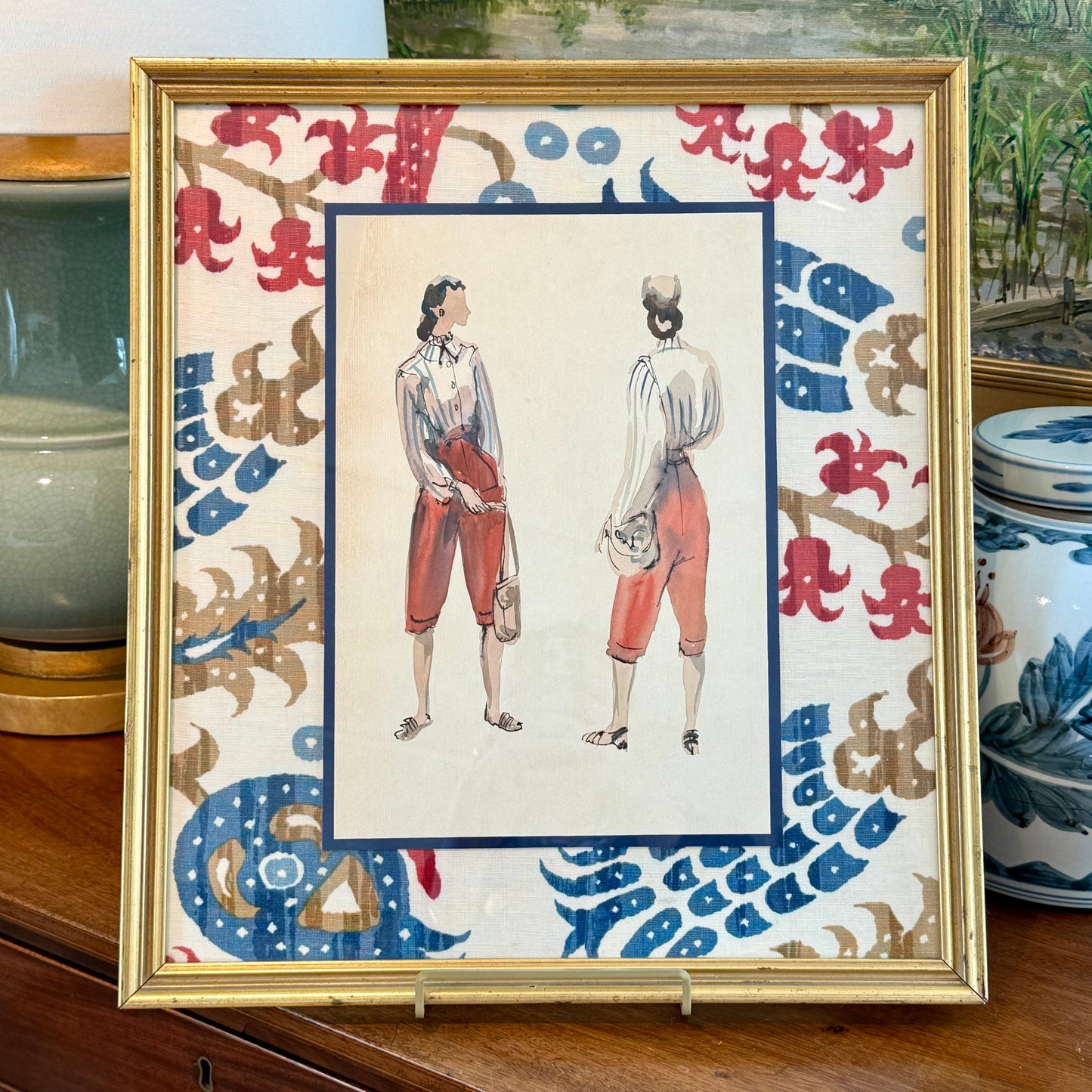 Catherine Figart Vogue Watercolor Fashion Illustration on Brunschswig and Fils Pomegranate Fabric in Gold Frame