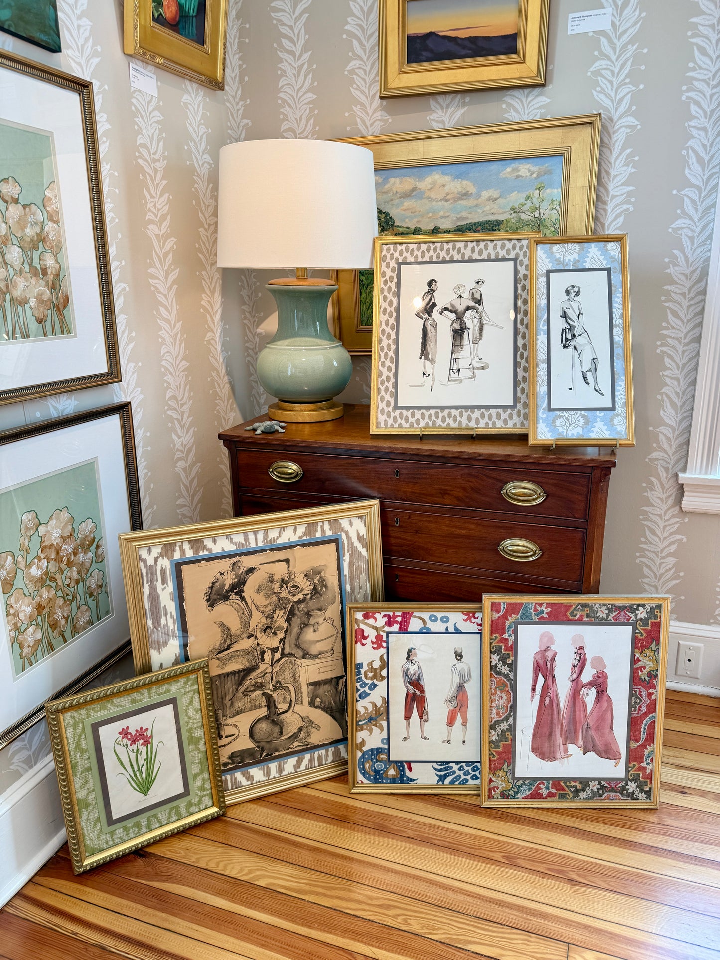 Catherine Figart Vogue Watercolor Fashion Illustration on Brunschswig and Fils Pomegranate Fabric in Gold Frame