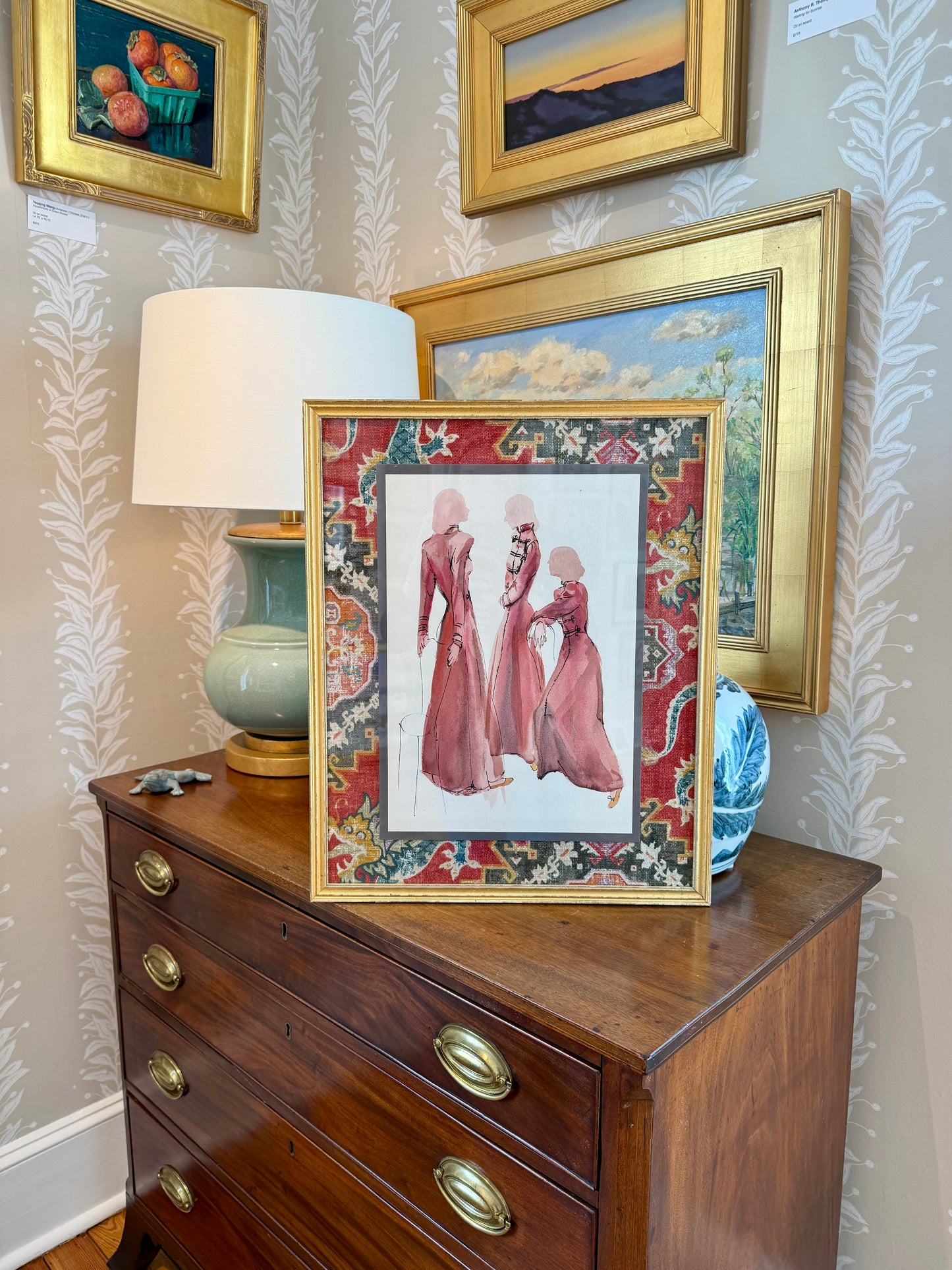 Catherine Figart Vogue Watercolor Fashion Illustration on Pindler Dragon Fabric in Gold Frame