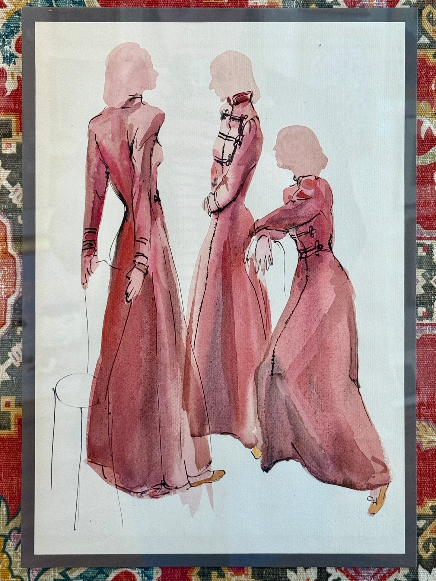 Catherine Figart Vogue Watercolor Fashion Illustration on Pindler Dragon Fabric in Gold Frame