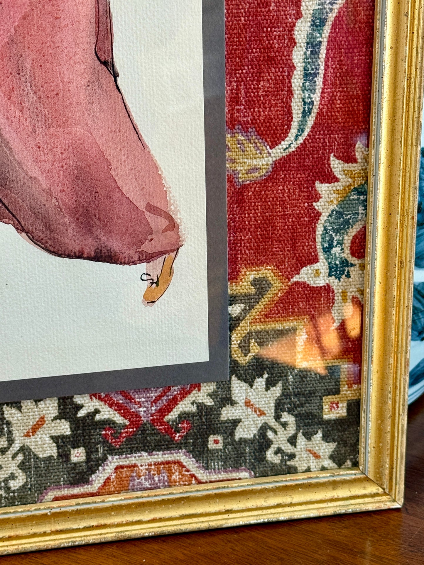 Catherine Figart Vogue Watercolor Fashion Illustration on Pindler Dragon Fabric in Gold Frame