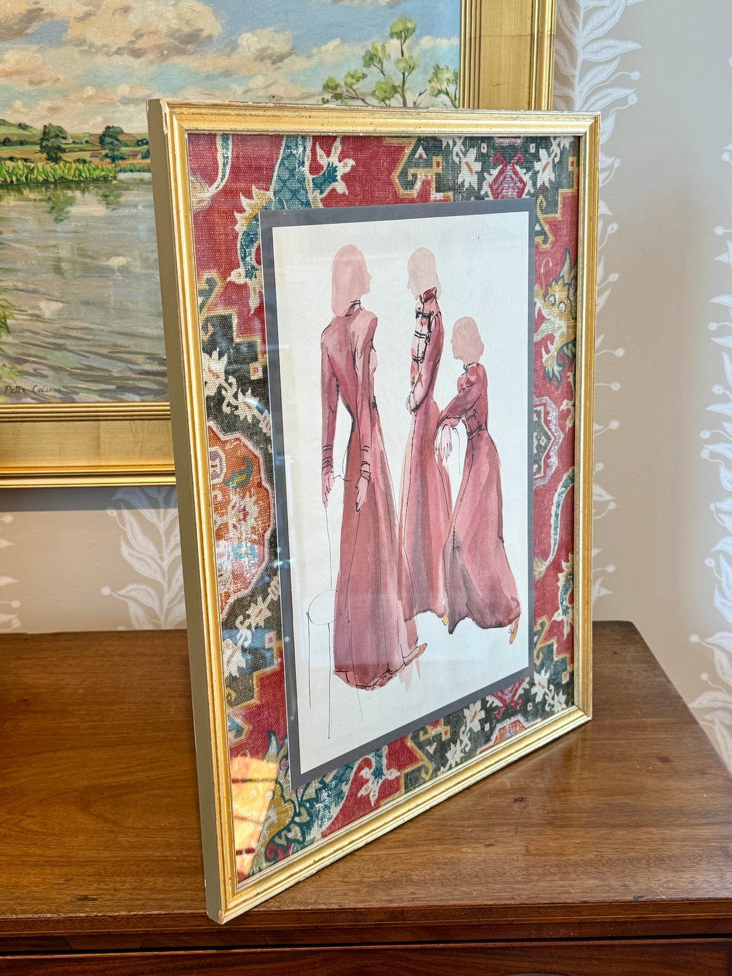 Catherine Figart Vogue Watercolor Fashion Illustration on Pindler Dragon Fabric in Gold Frame