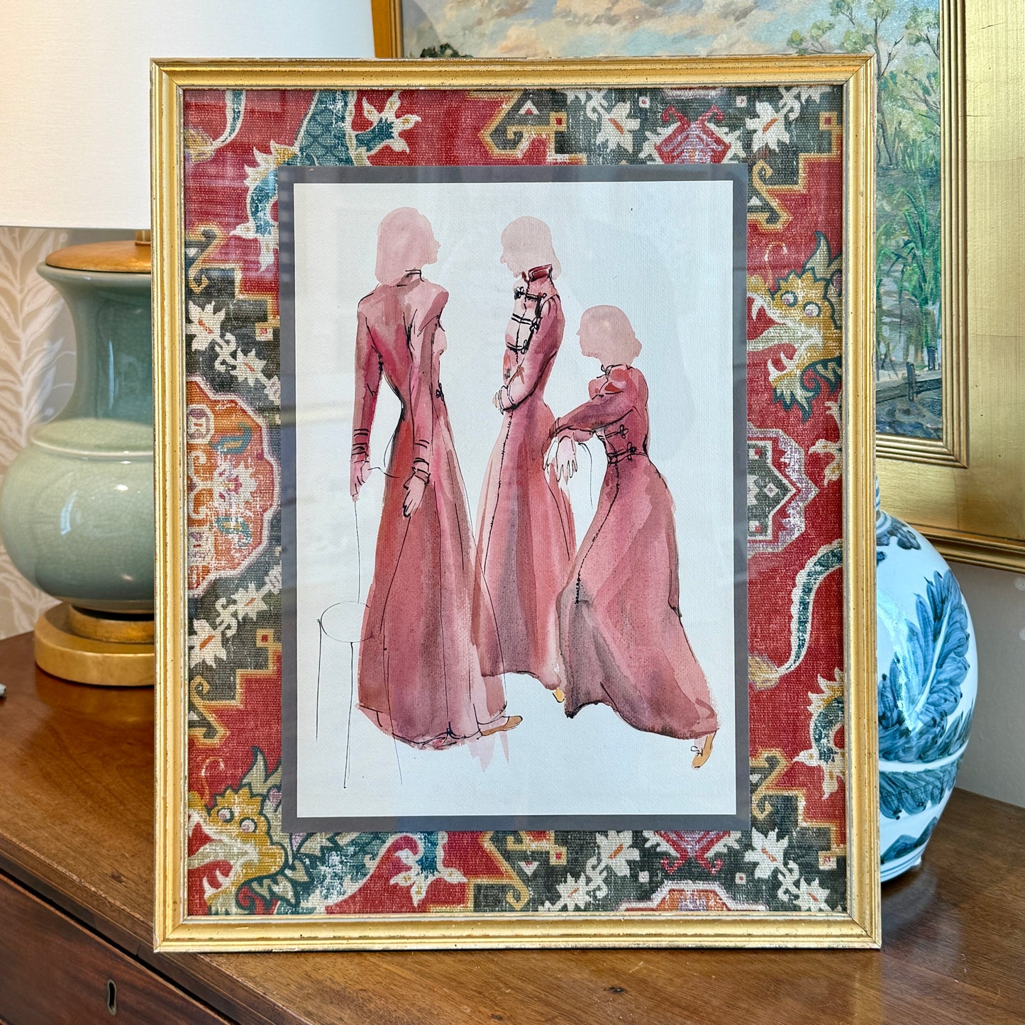 Catherine Figart Vogue Watercolor Fashion Illustration on Pindler Dragon Fabric in Gold Frame