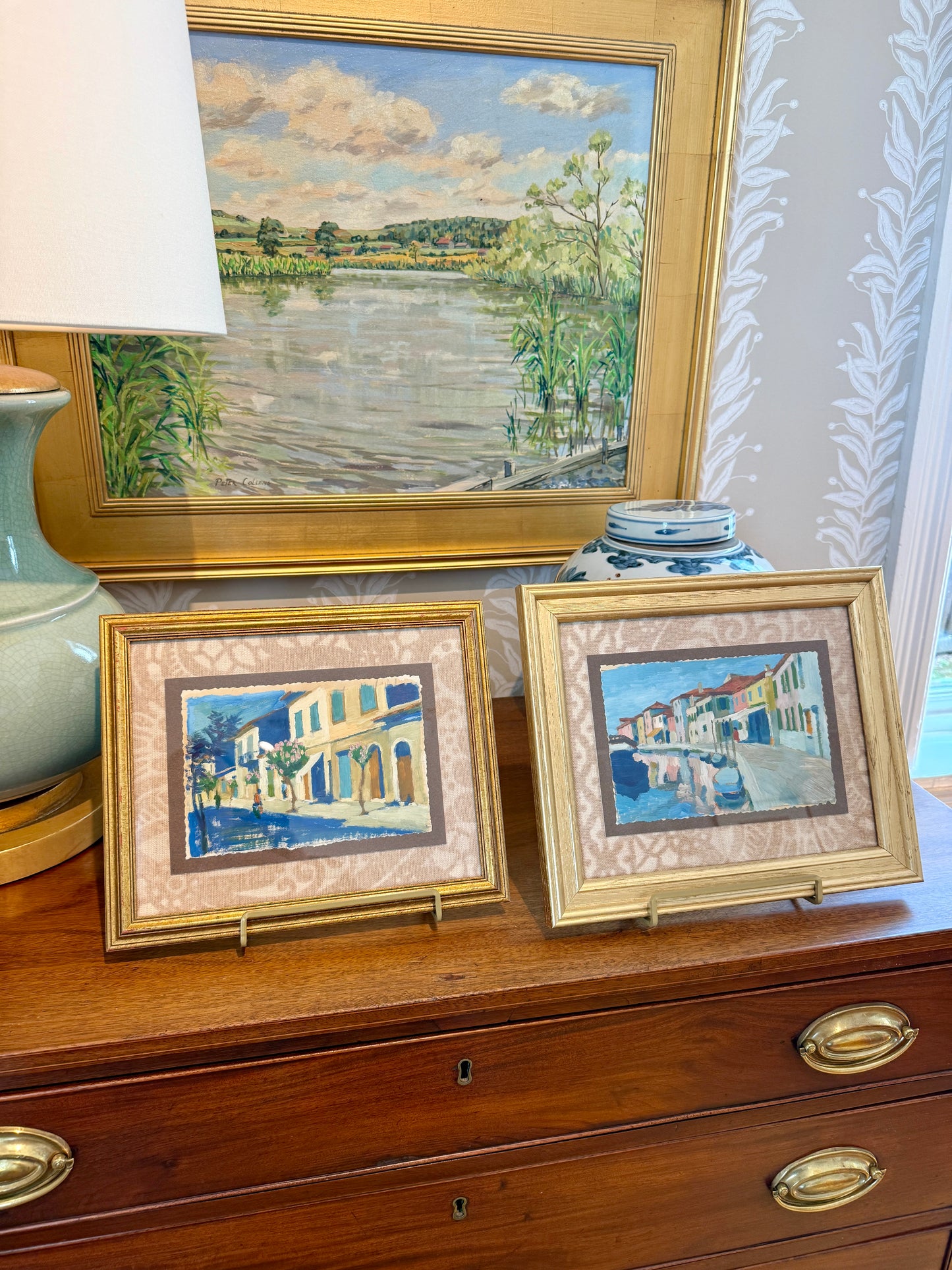 Victoria Donohue Venice Italy Canal Oil Painting on Cowtan and Tout in Gold Frame