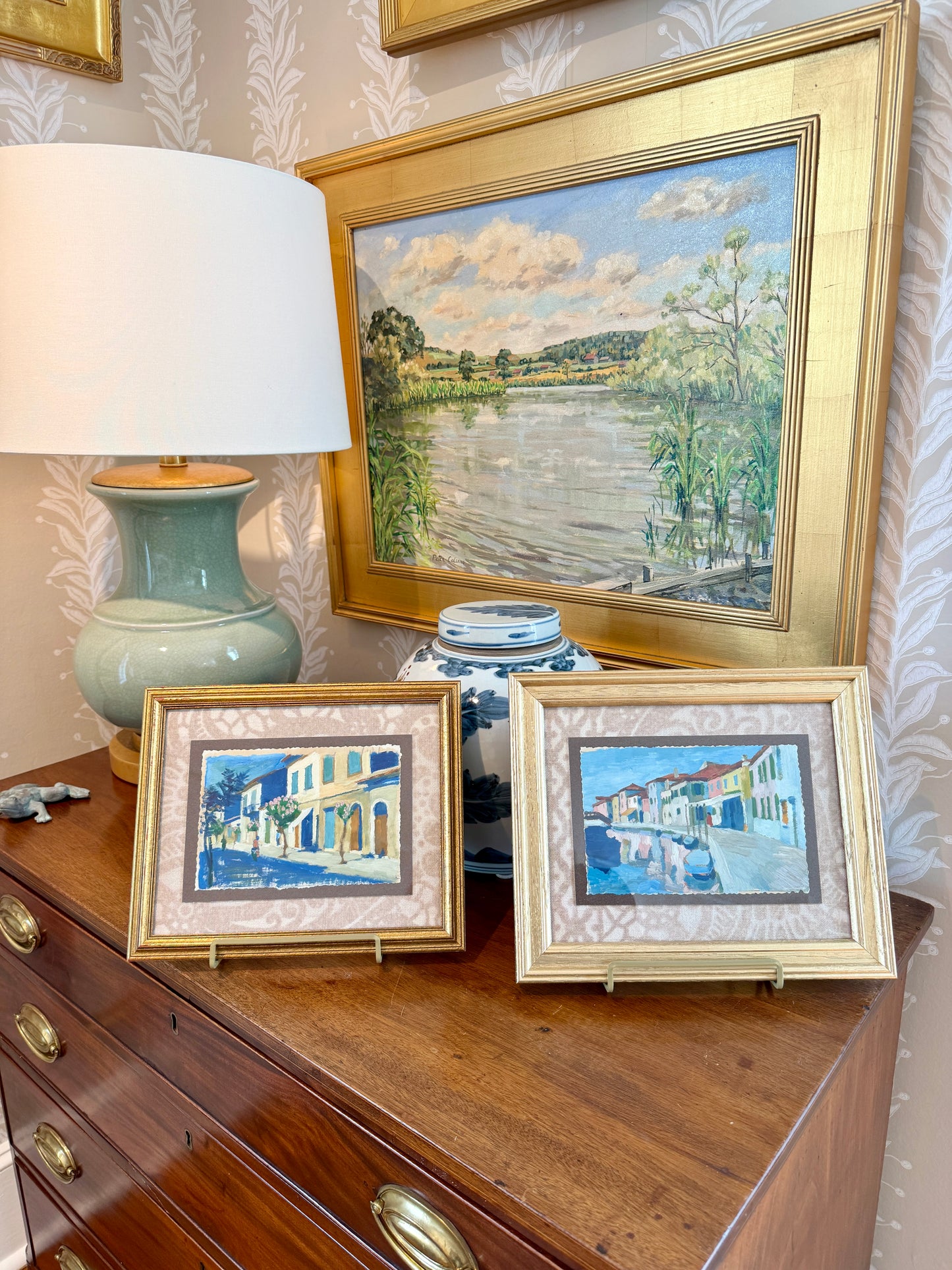 Victoria Donohue Venice Italy Canal Oil Painting on Cowtan and Tout in Gold Frame