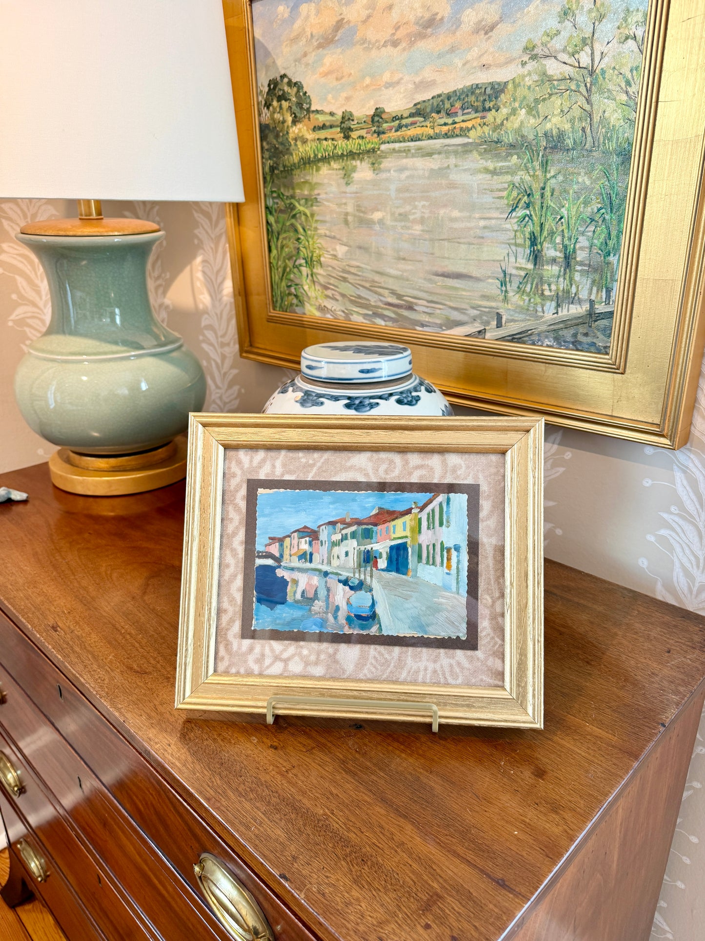 Victoria Donohue Venice Italy Canal Oil Painting on Cowtan and Tout in Gold Frame