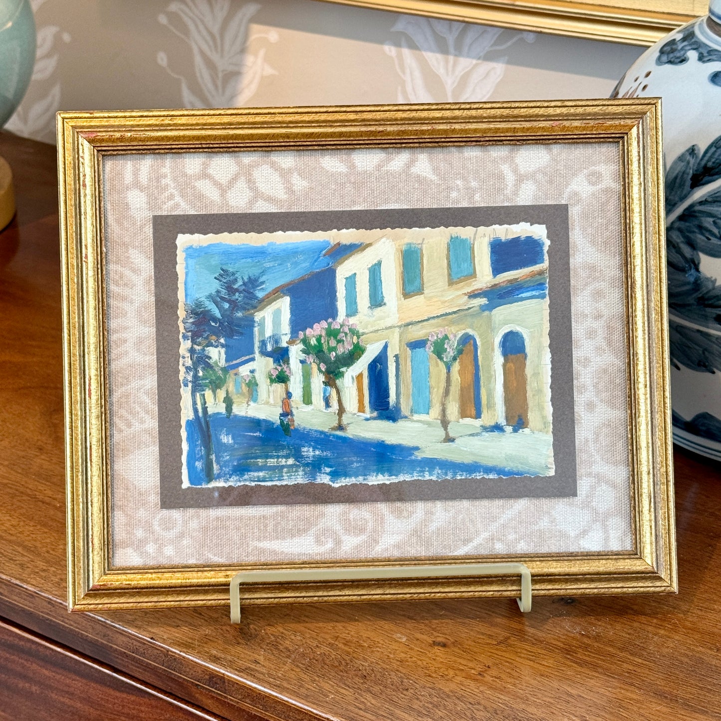 Victoria Donohue Crepe Myrtle Lined Downtown Oil Painting on Cowtan and Tout Fabric in Gold Frame