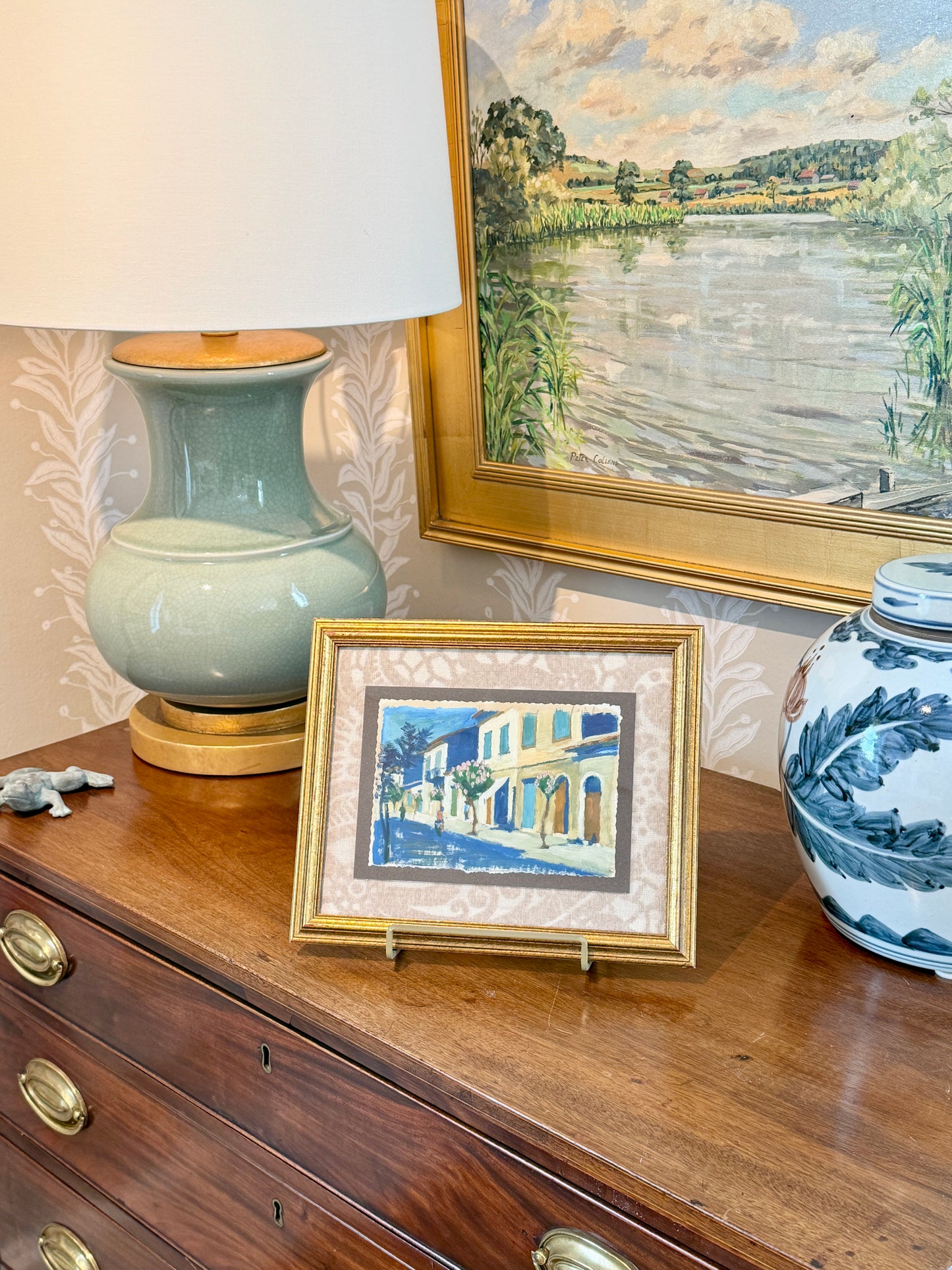 Victoria Donohue Crepe Myrtle Lined Downtown Oil Painting on Cowtan and Tout Fabric in Gold Frame