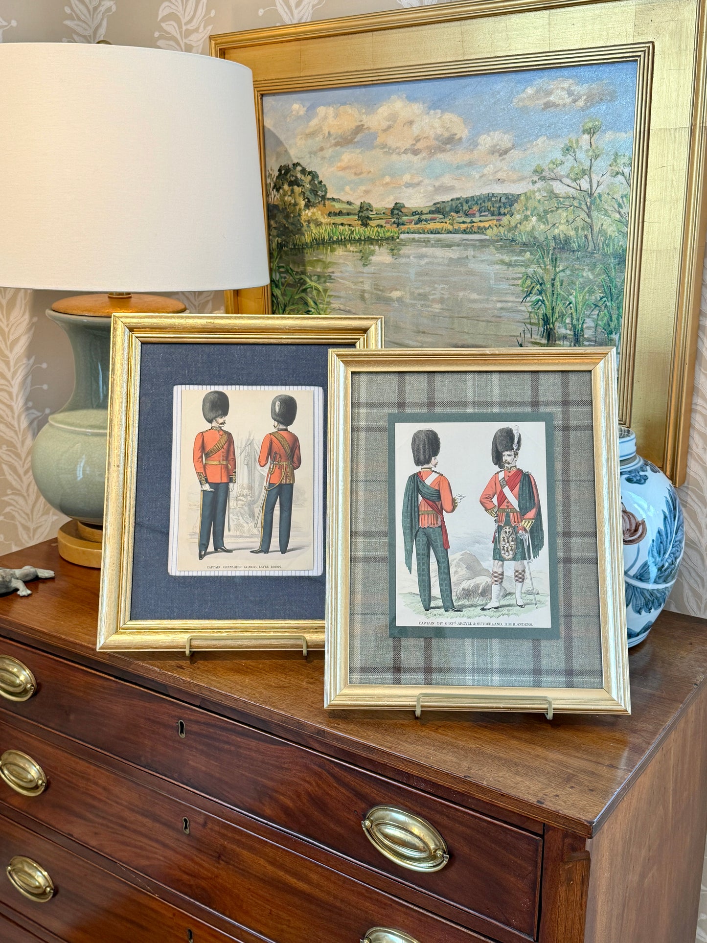 19th c. Hand Colored Engraving Highland Guards British Soldier on Green Wool Plaid in Gold Frame