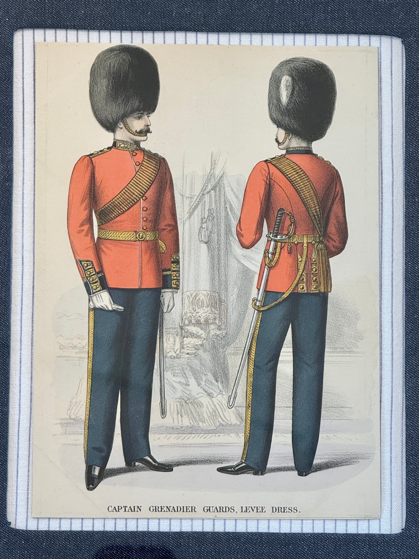 19th c. Hand Colored Engraving Captain Grenadier Guards British Soldier on Dark Chambray in Gold Frame