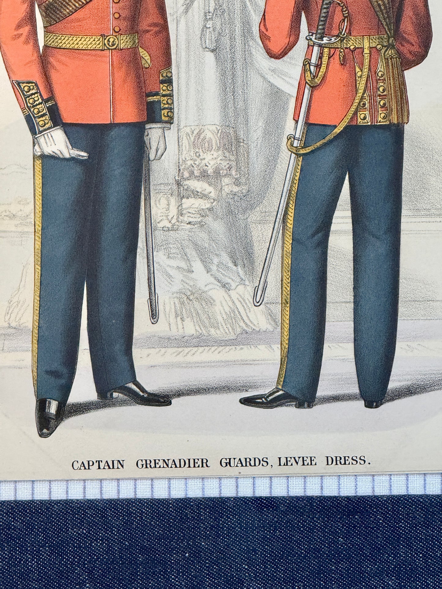 19th c. Hand Colored Engraving Captain Grenadier Guards British Soldier on Dark Chambray in Gold Frame