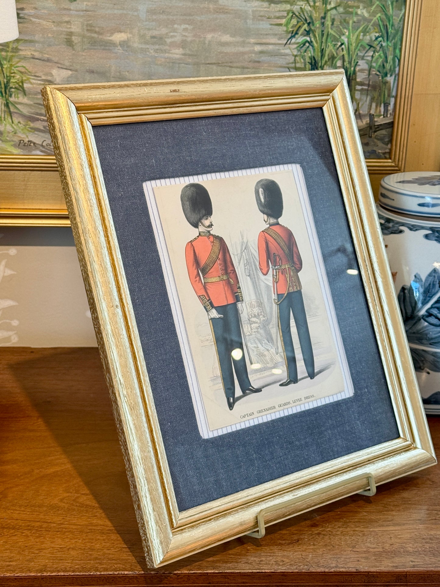 19th c. Hand Colored Engraving Captain Grenadier Guards British Soldier on Dark Chambray in Gold Frame