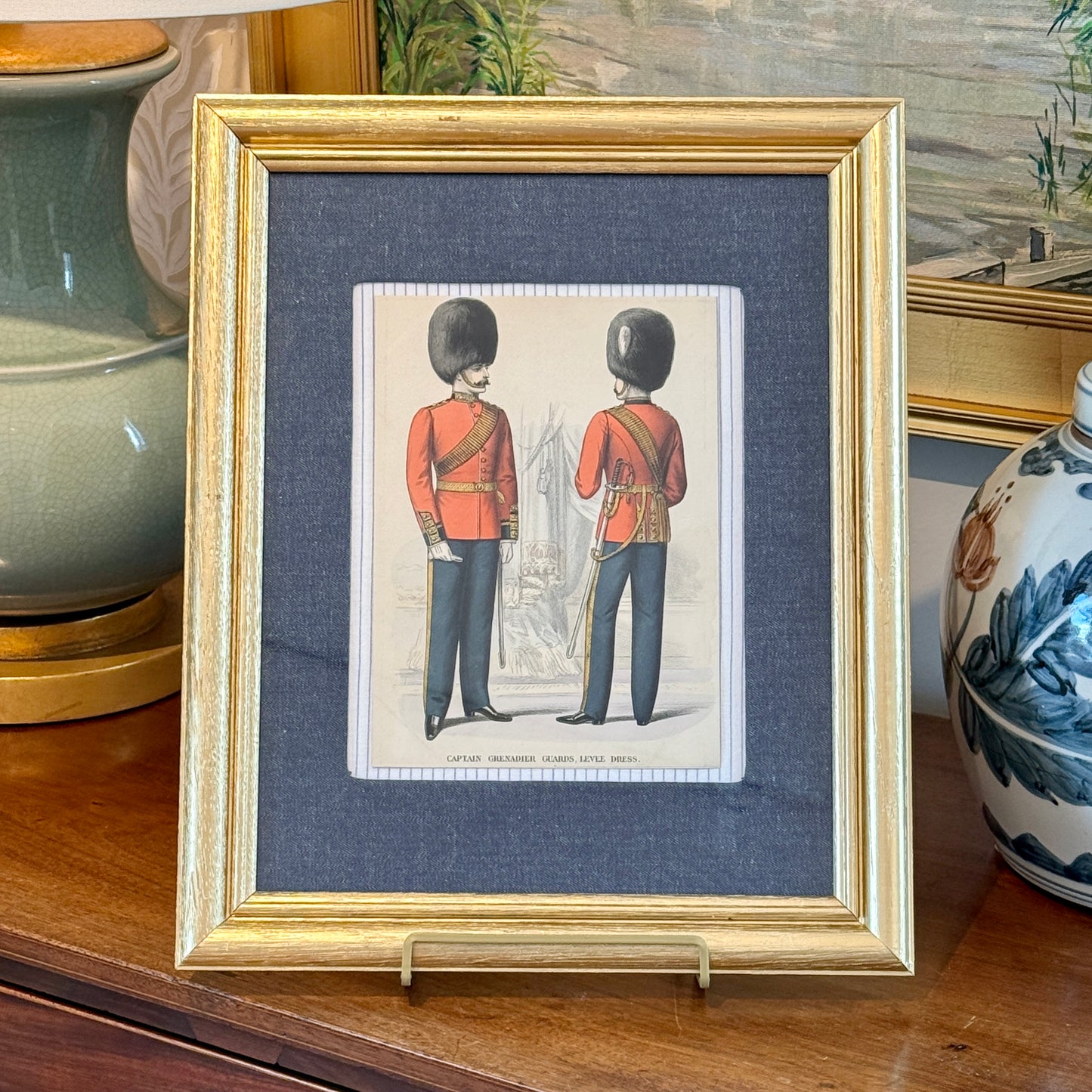 19th c. Hand Colored Engraving Captain Grenadier Guards British Soldier on Dark Chambray in Gold Frame