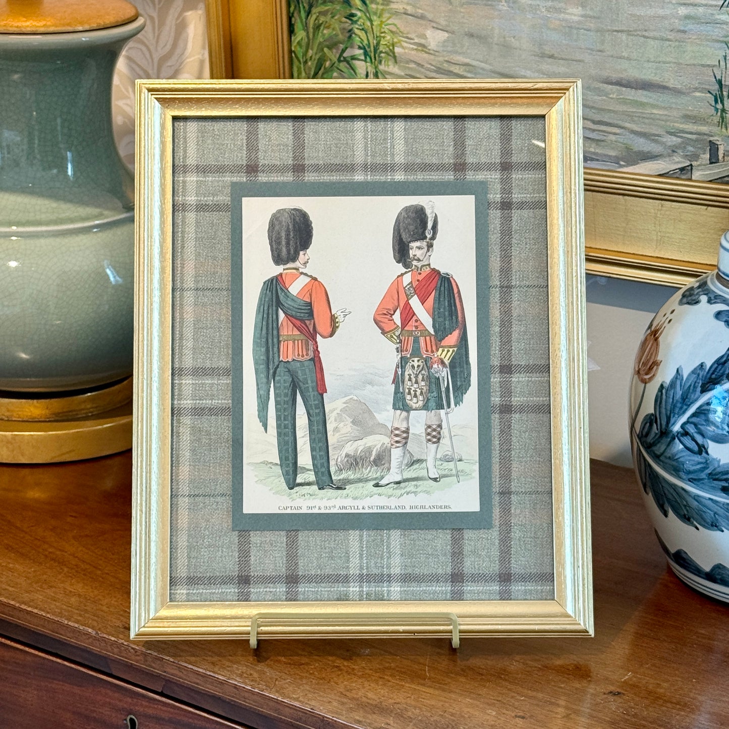 19th c. Hand Colored Engraving Highland Guards British Soldier on Green Wool Plaid in Gold Frame