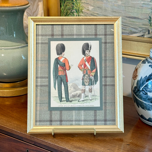19th c. Hand Colored Engraving Highland Guards British Soldier on Green Wool Plaid in Gold Frame