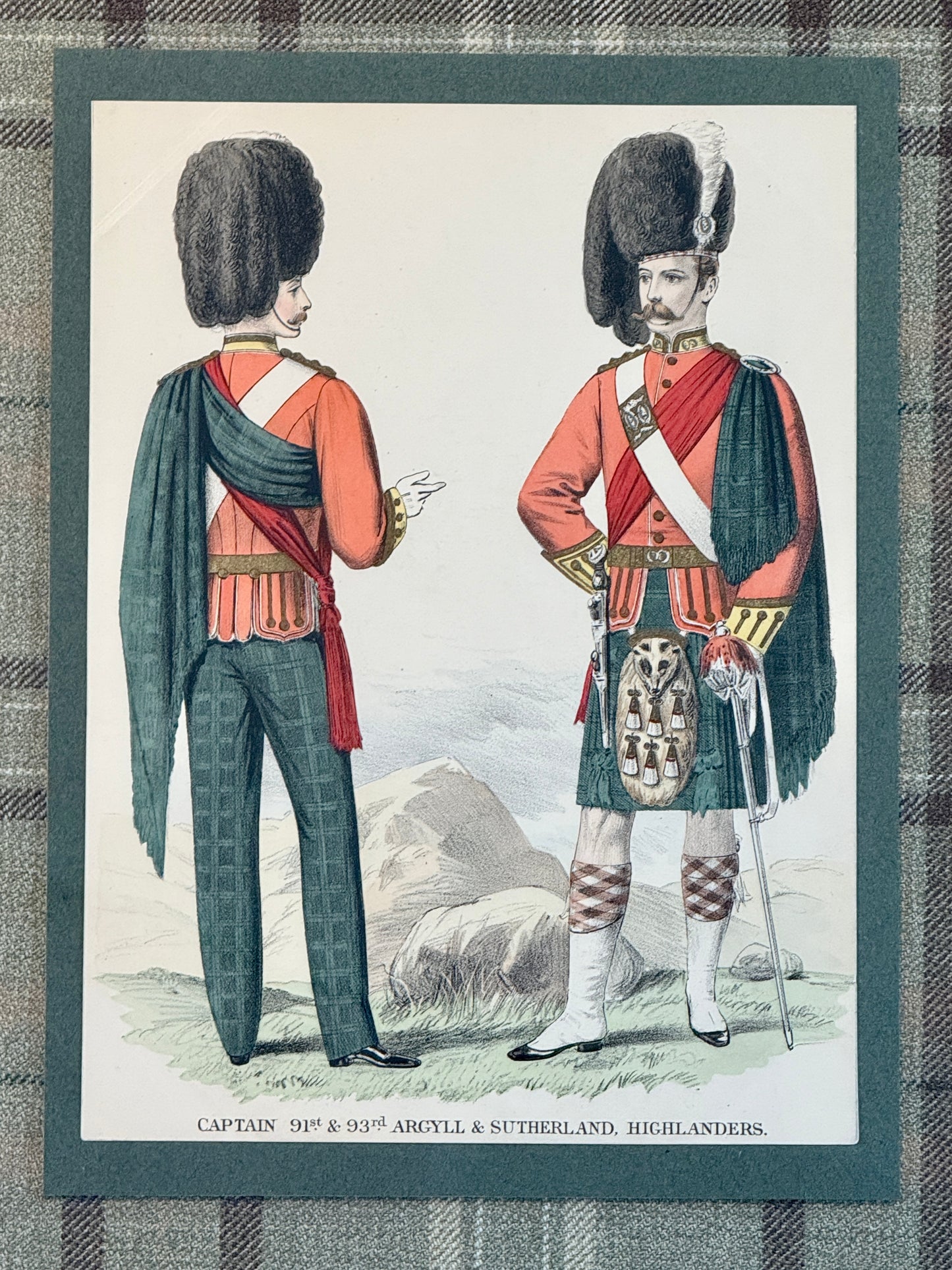 19th c. Hand Colored Engraving Highland Guards British Soldier on Green Wool Plaid in Gold Frame