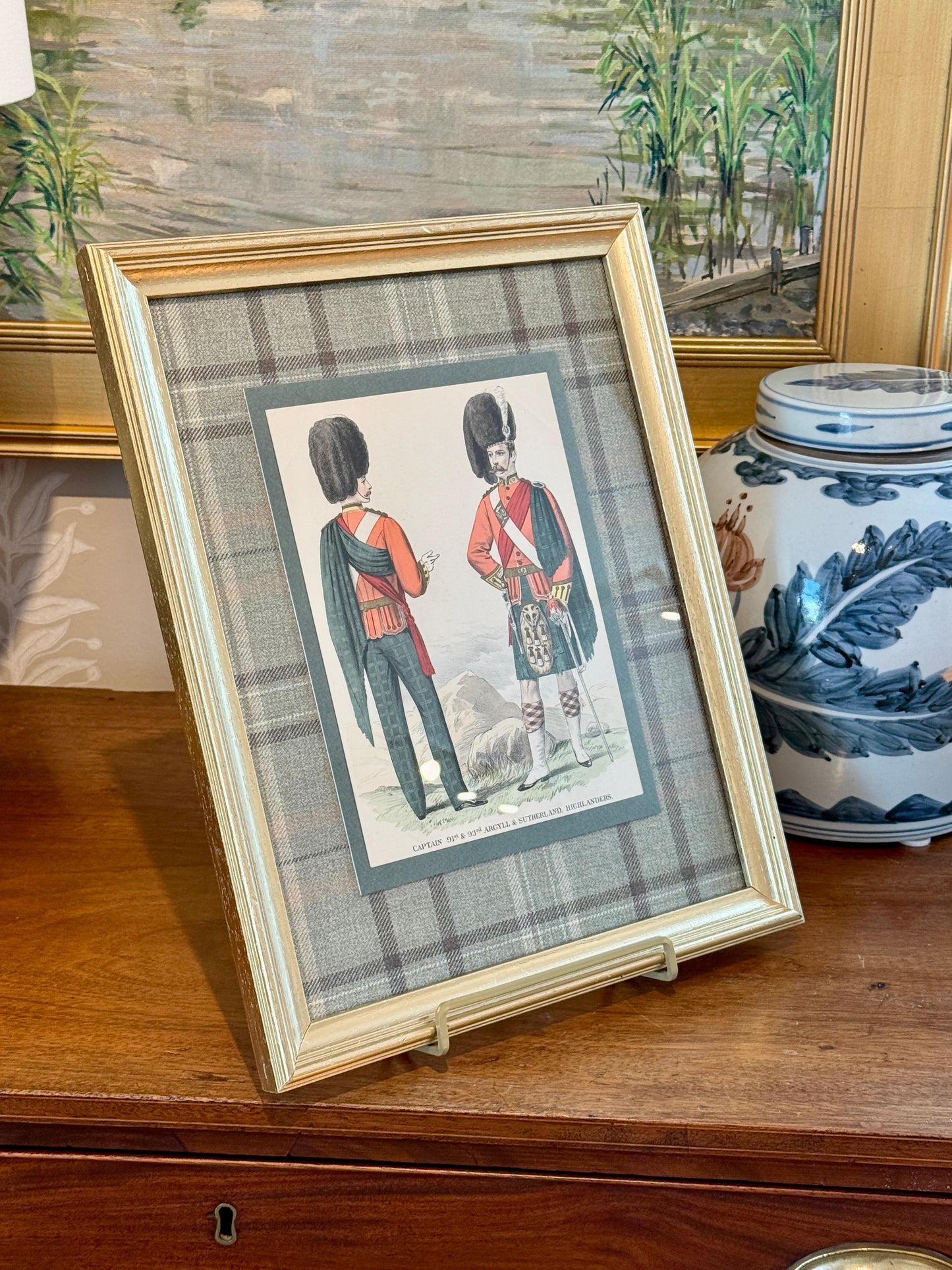 19th c. Hand Colored Engraving Highland Guards British Soldier on Green Wool Plaid in Gold Frame