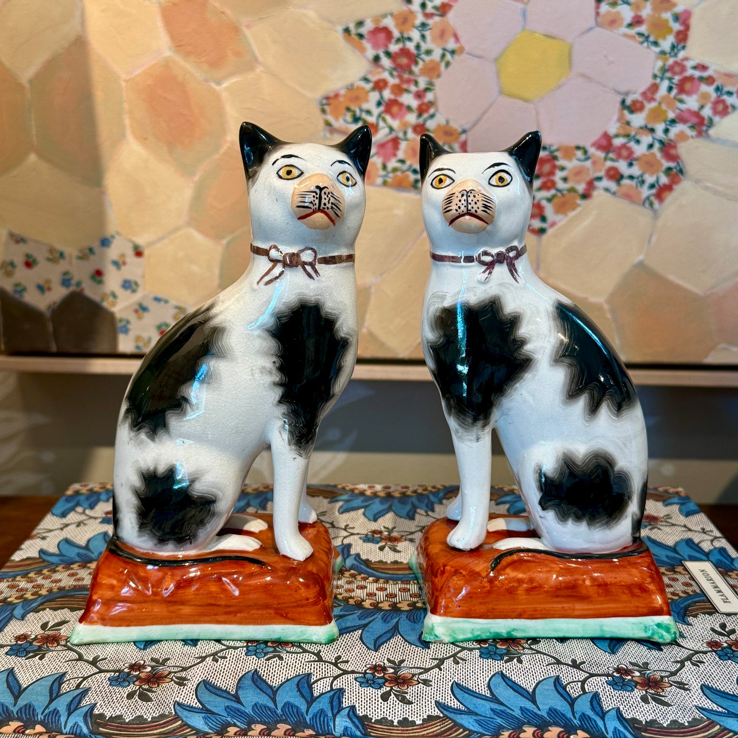 Early 20th Century Staffordshire England Pottery Pair of Mantel Cats on Cushions