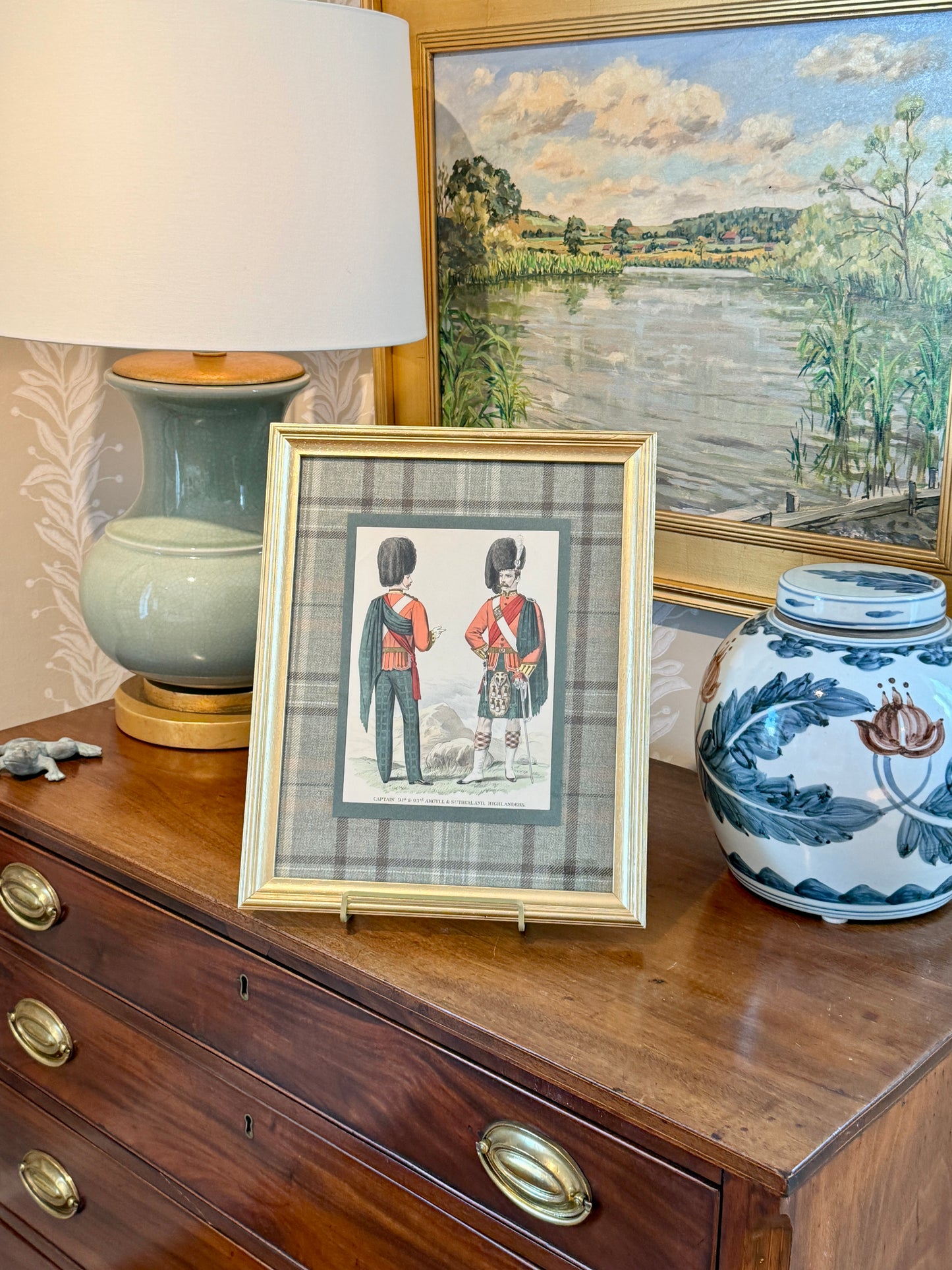 19th c. Hand Colored Engraving Highland Guards British Soldier on Green Wool Plaid in Gold Frame
