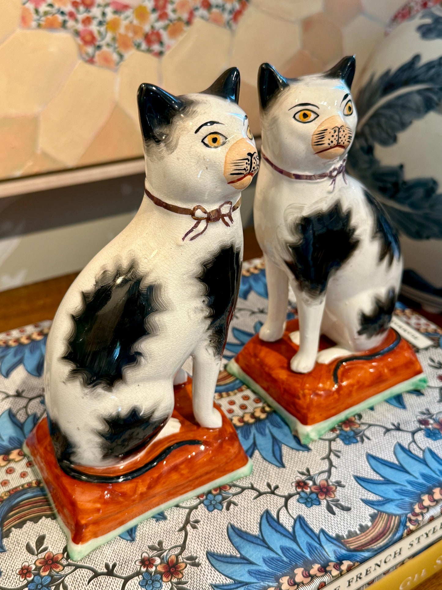Early 20th Century Staffordshire England Pottery Pair of Mantel Cats on Cushions