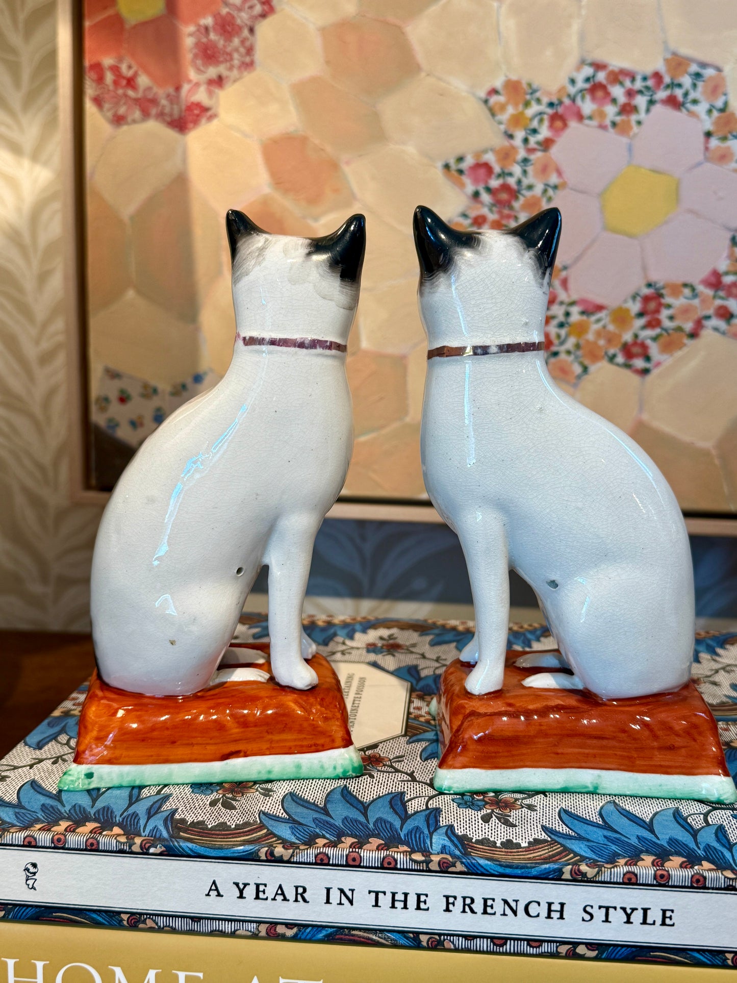 Early 20th Century Staffordshire England Pottery Pair of Mantel Cats on Cushions