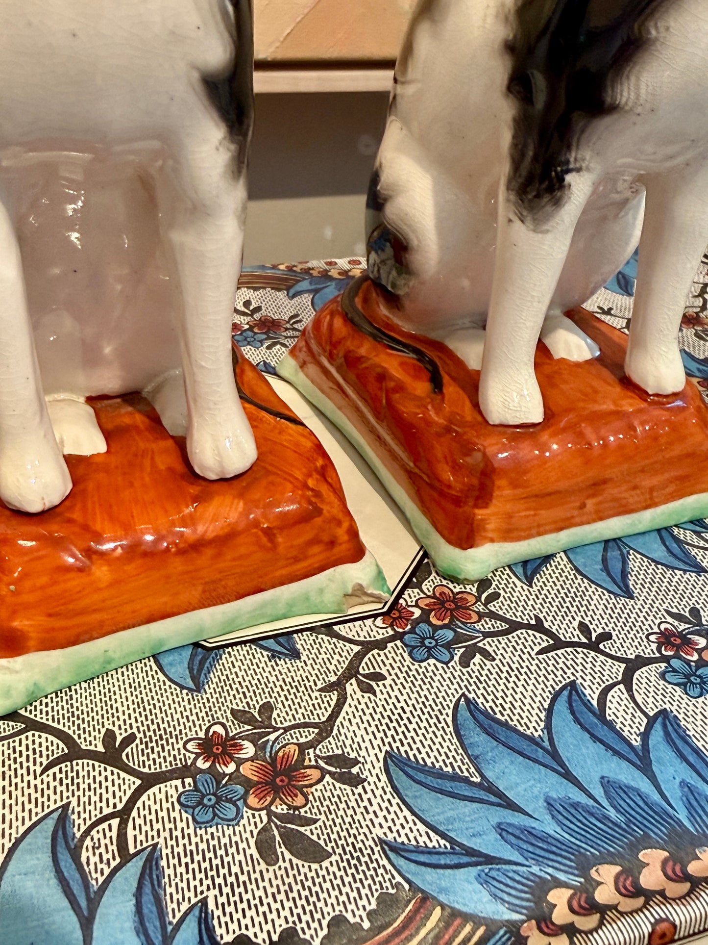 Early 20th Century Staffordshire England Pottery Pair of Mantel Cats on Cushions