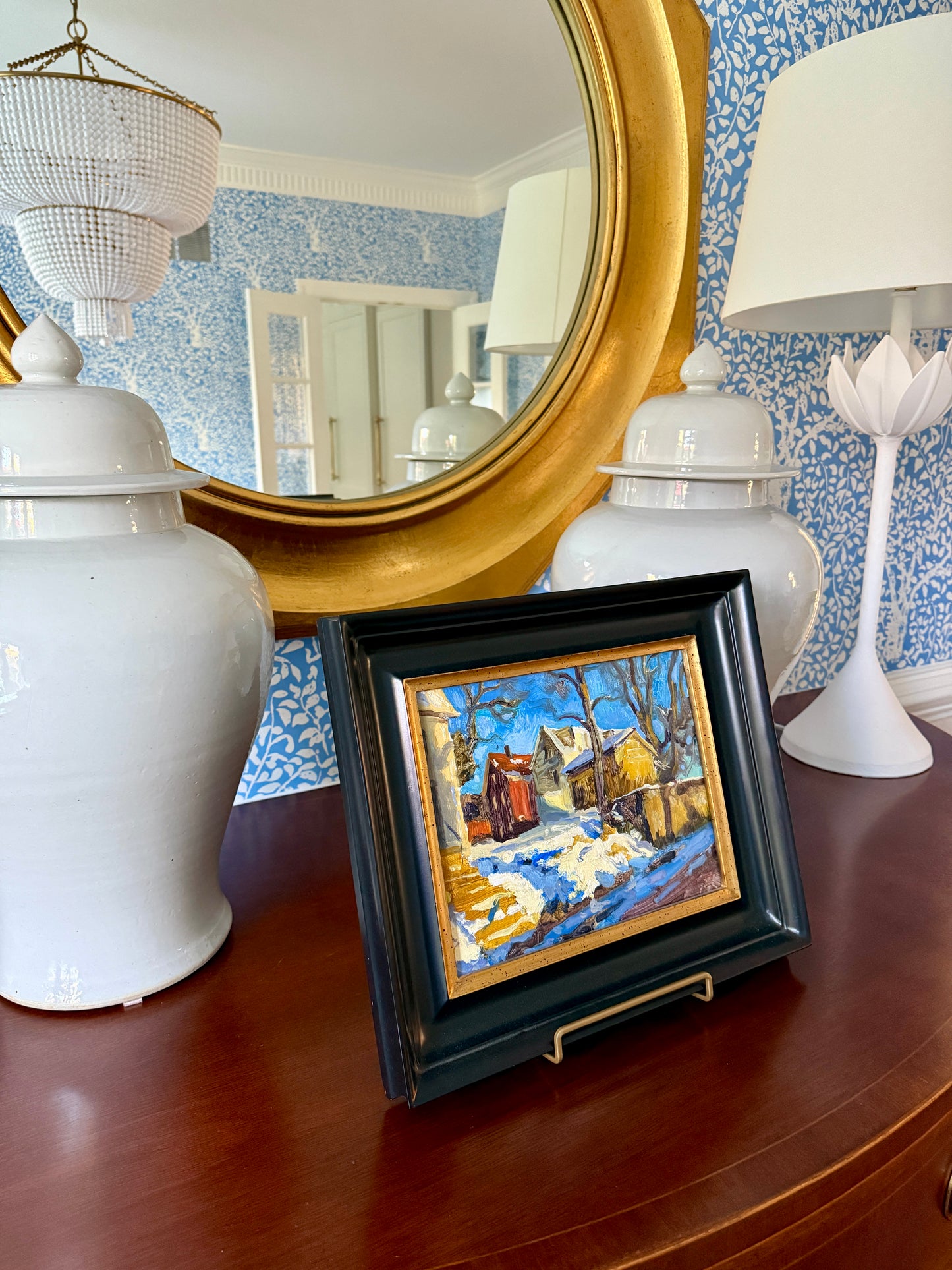 Vincent Crotty On a Winter Walk Impressionist Sunlist Townscape Oil Painting in Black Frame