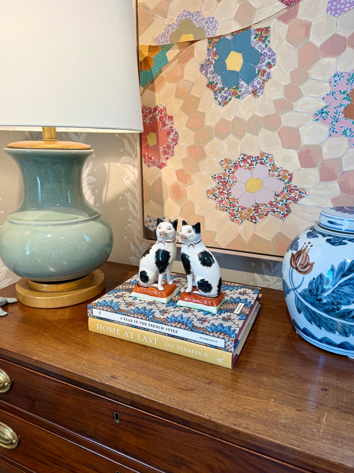 Late 19th - Early 20th Century Staffordshire England  Pottery Pair of Mantel Cats on Cushions
