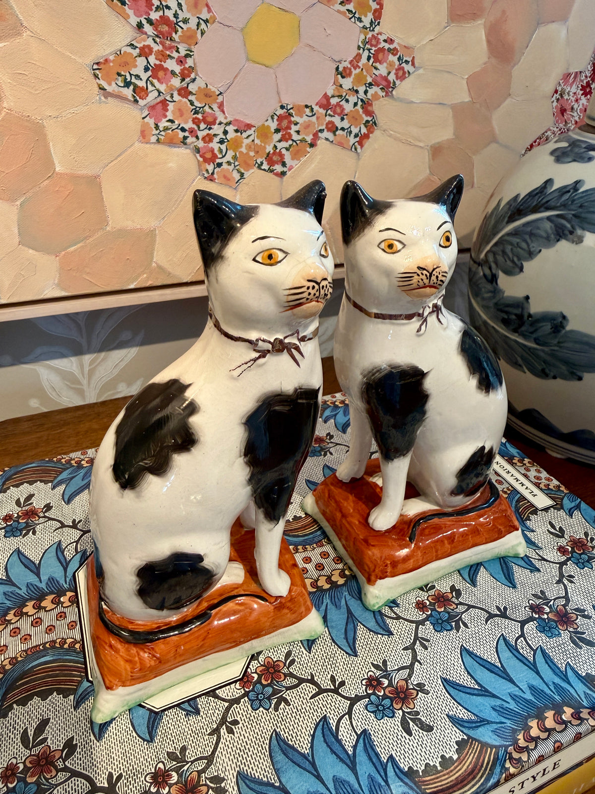 Late 19th - Early 20th Century Staffordshire England  Pottery Pair of Mantel Cats on Cushions