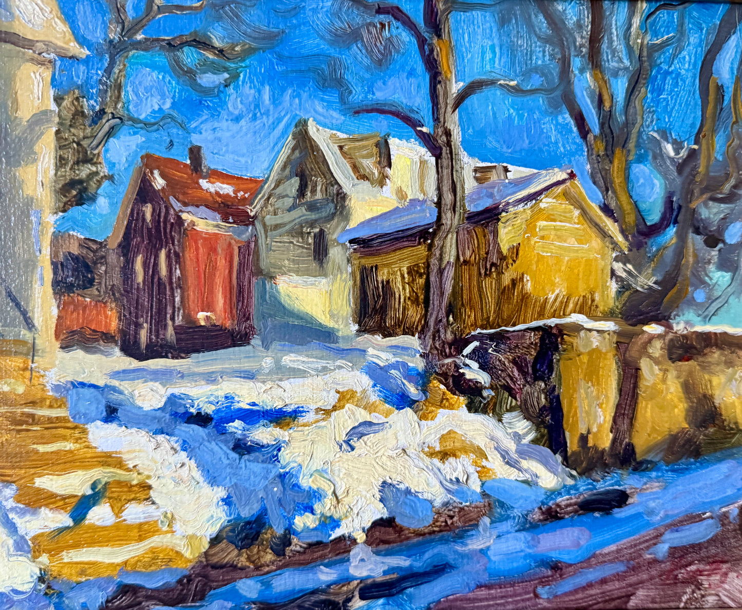 Vincent Crotty On a Winter Walk Impressionist Sunlist Townscape Oil Painting in Black Frame