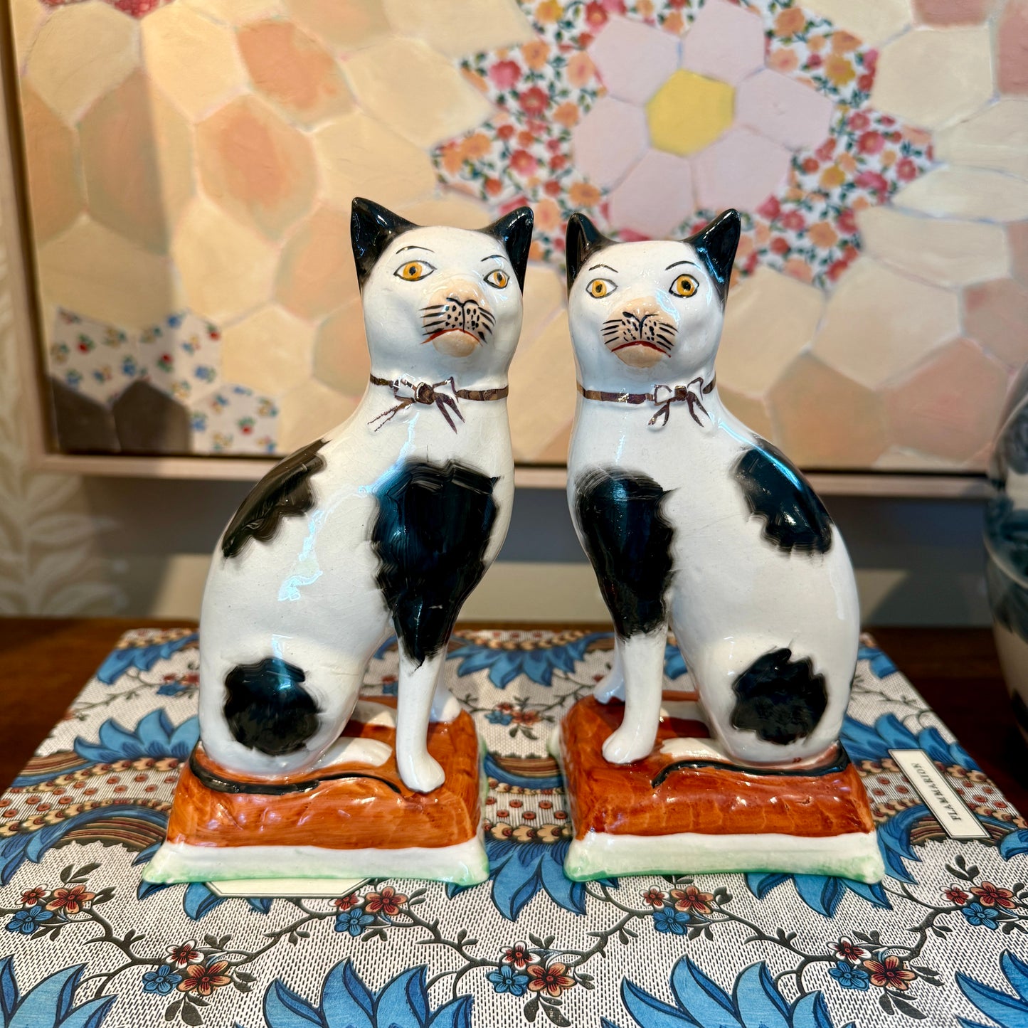 Late 19th - Early 20th Century Staffordshire England  Pottery Pair of Mantel Cats on Cushions