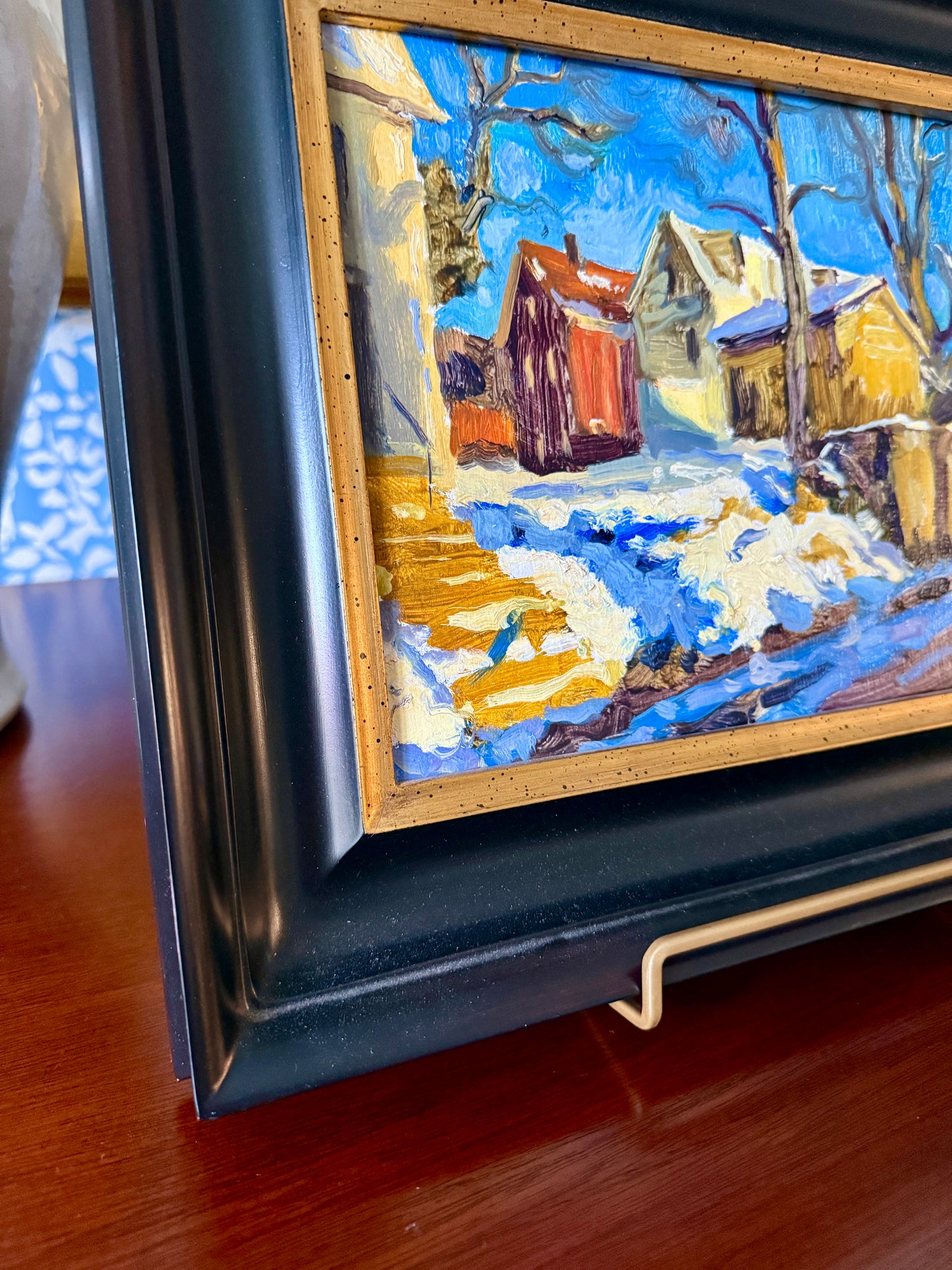 Vincent Crotty On a Winter Walk Impressionist Sunlist Townscape Oil Painting in Black Frame