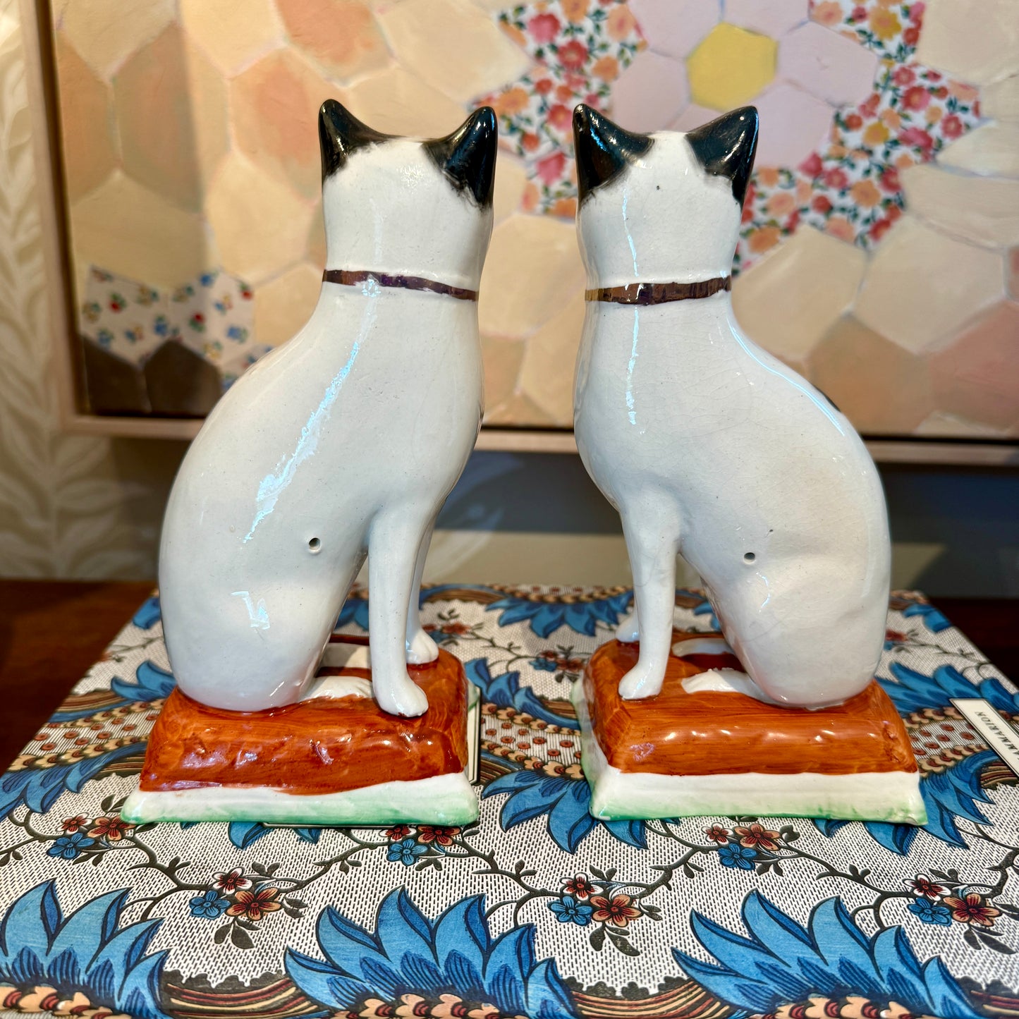 Late 19th - Early 20th Century Staffordshire England  Pottery Pair of Mantel Cats on Cushions